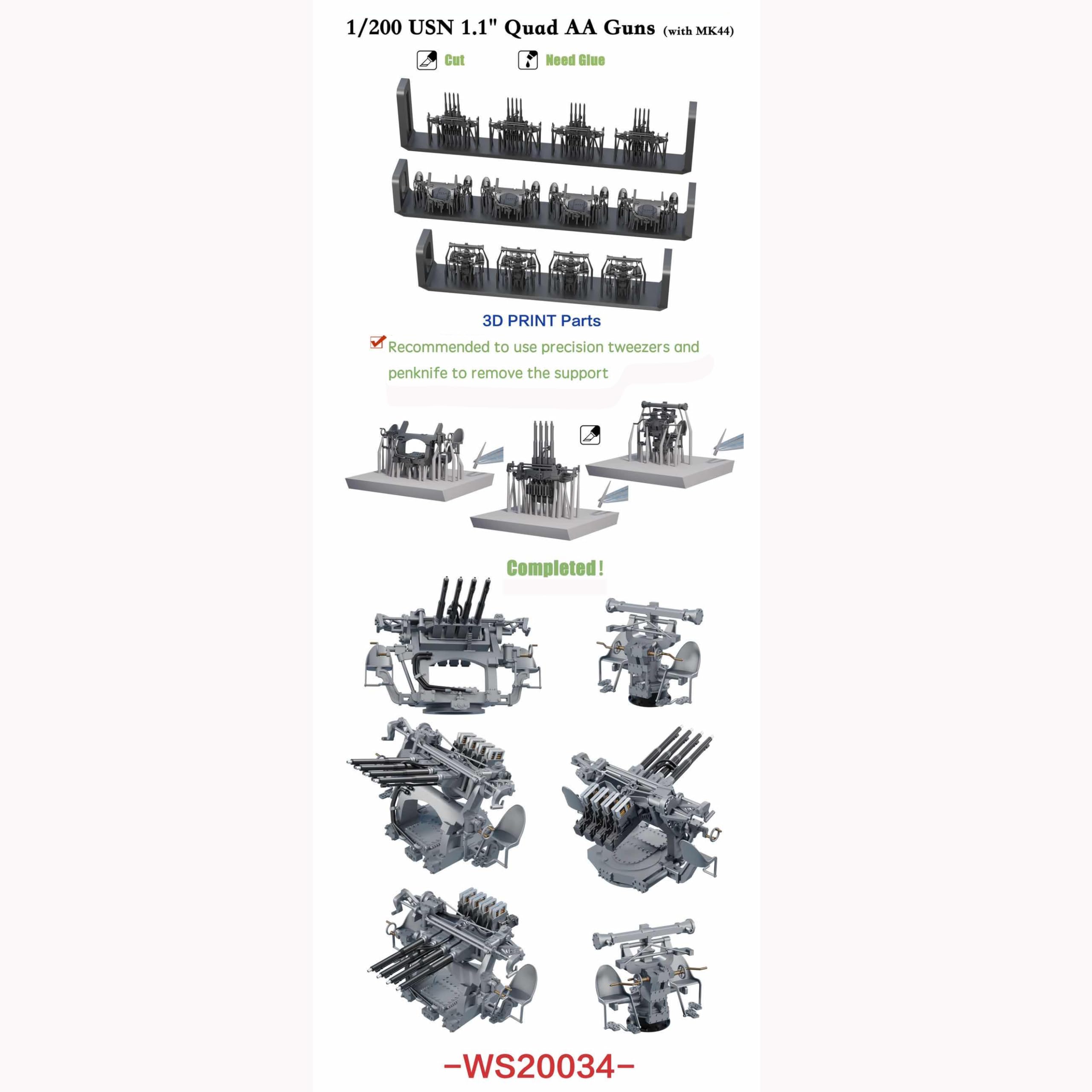 花田制造 Bunker Studio WS20034 USN 1.1" Quad AA Guns with MK44 Director 3D Print Set Model Kit, 8 Pieces, War Ships Series 1/200 Scale