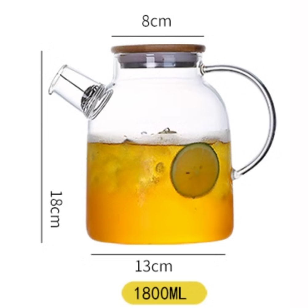 Glass Pitcher with Lid and Spout 1.8L 60 OZ Water jugs for Hot/Cold Water & Iced Tea,Wine, Coffee, Milk and Juice Beverage Stainless Steel Lid, High Heat Resistance, 100% Lead-free Clear