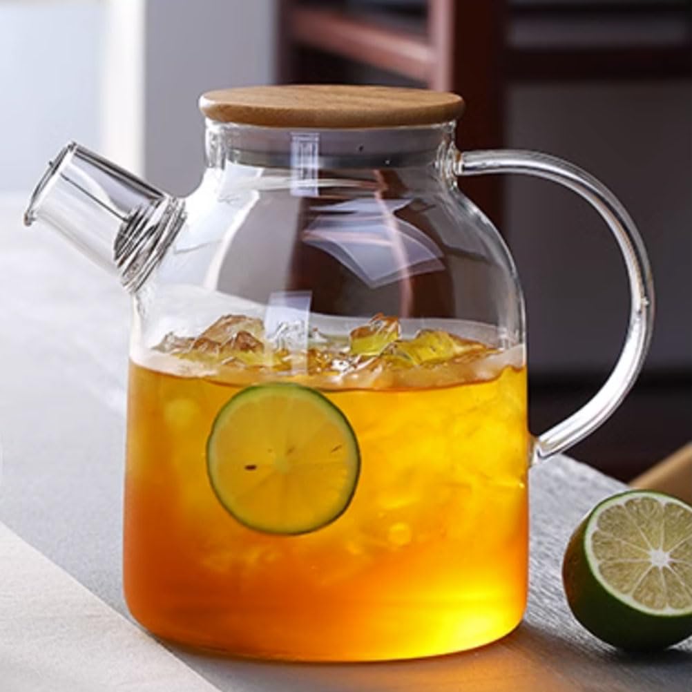 Glass Pitcher with Lid and Spout 1.8L 60 OZ Water jugs for Hot/Cold Water & Iced Tea,Wine, Coffee, Milk and Juice Beverage Stainless Steel Lid, High Heat Resistance, 100% Lead-free Clear