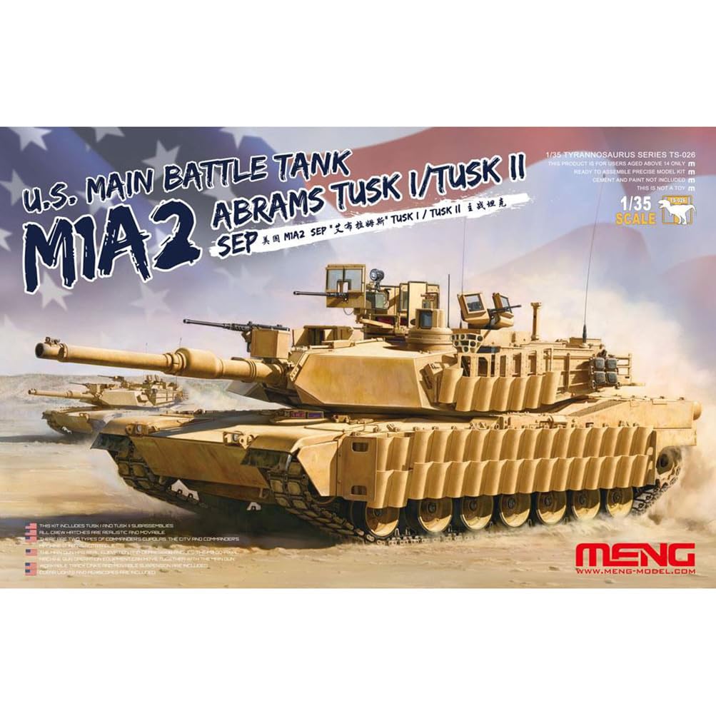 花田制造 Meng TS-026 U.S. Main Battle Tank M1A2 Abrams TUSK I/TUSK II SEP Model Kit, 1:35 Scale
