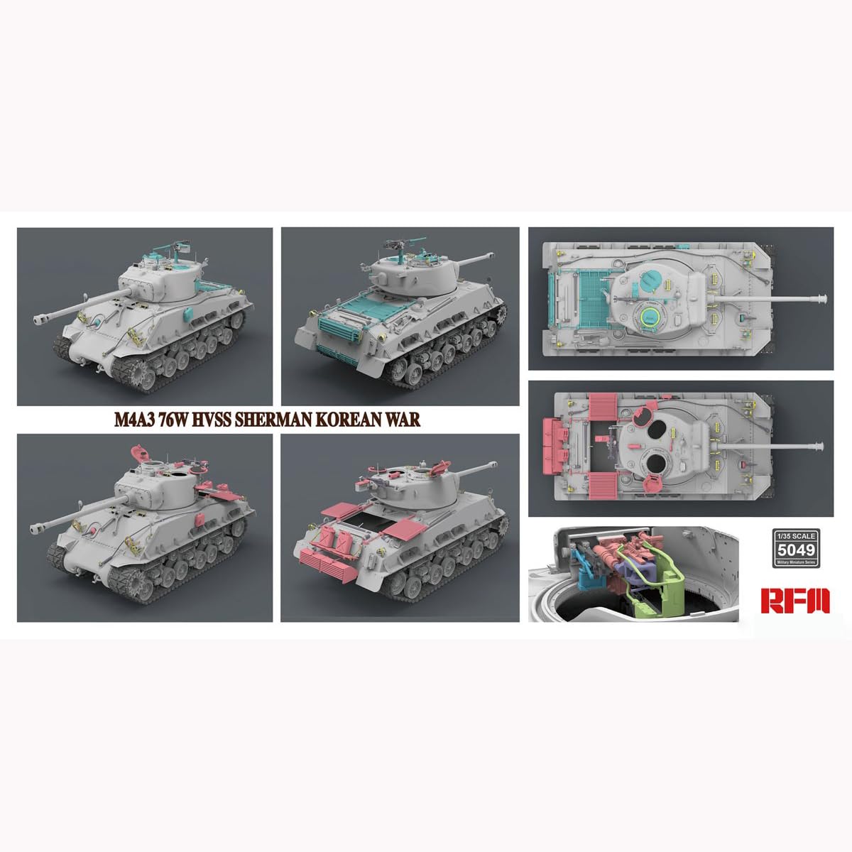 花田制造 RFM 5049 M4A3 76W HVSS Sherman Korean War Tank, 1/35 Scale Model Kit, WORKABLE Track Links & Full Artillery Details,Ryefield Model