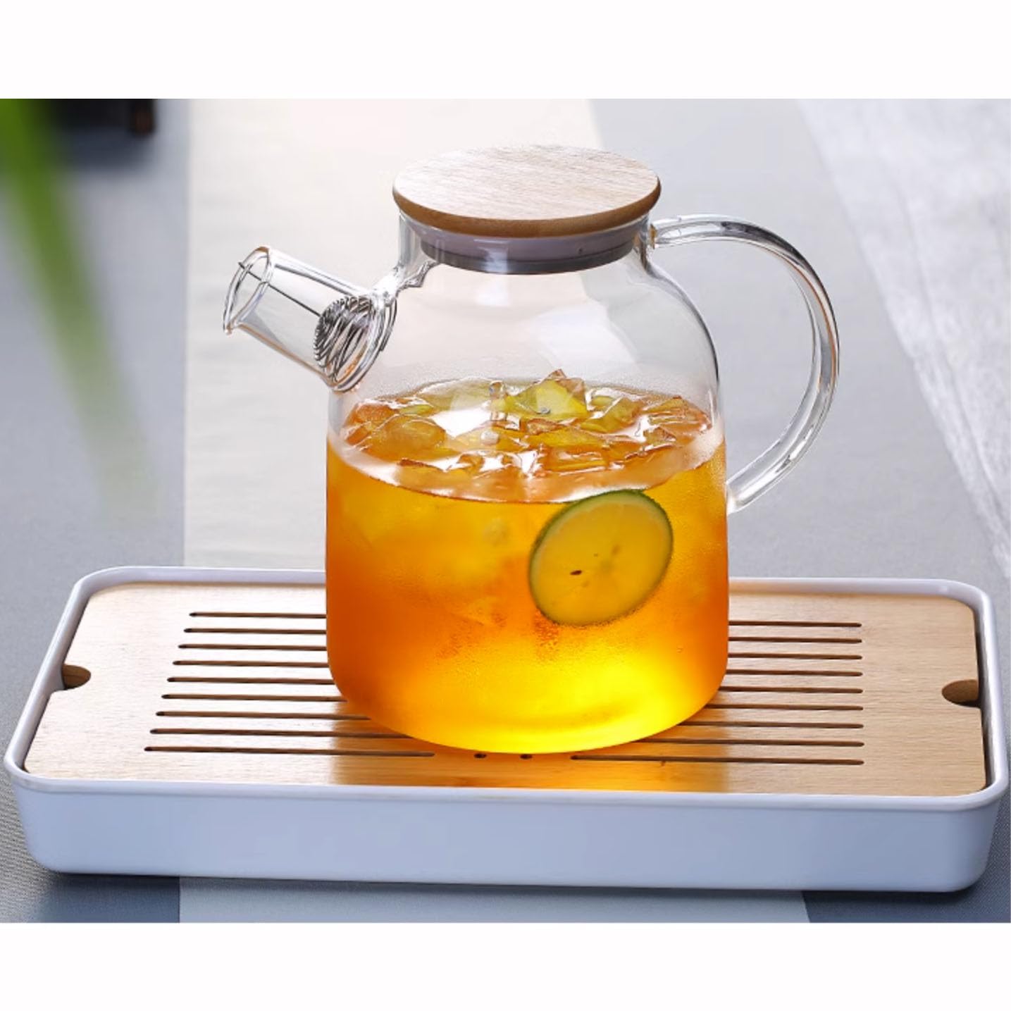 Glass Pitcher with Lid and Spout 1.8L 60 OZ Water jugs for Hot/Cold Water & Iced Tea,Wine, Coffee, Milk and Juice Beverage Stainless Steel Lid, High Heat Resistance, 100% Lead-free Clear