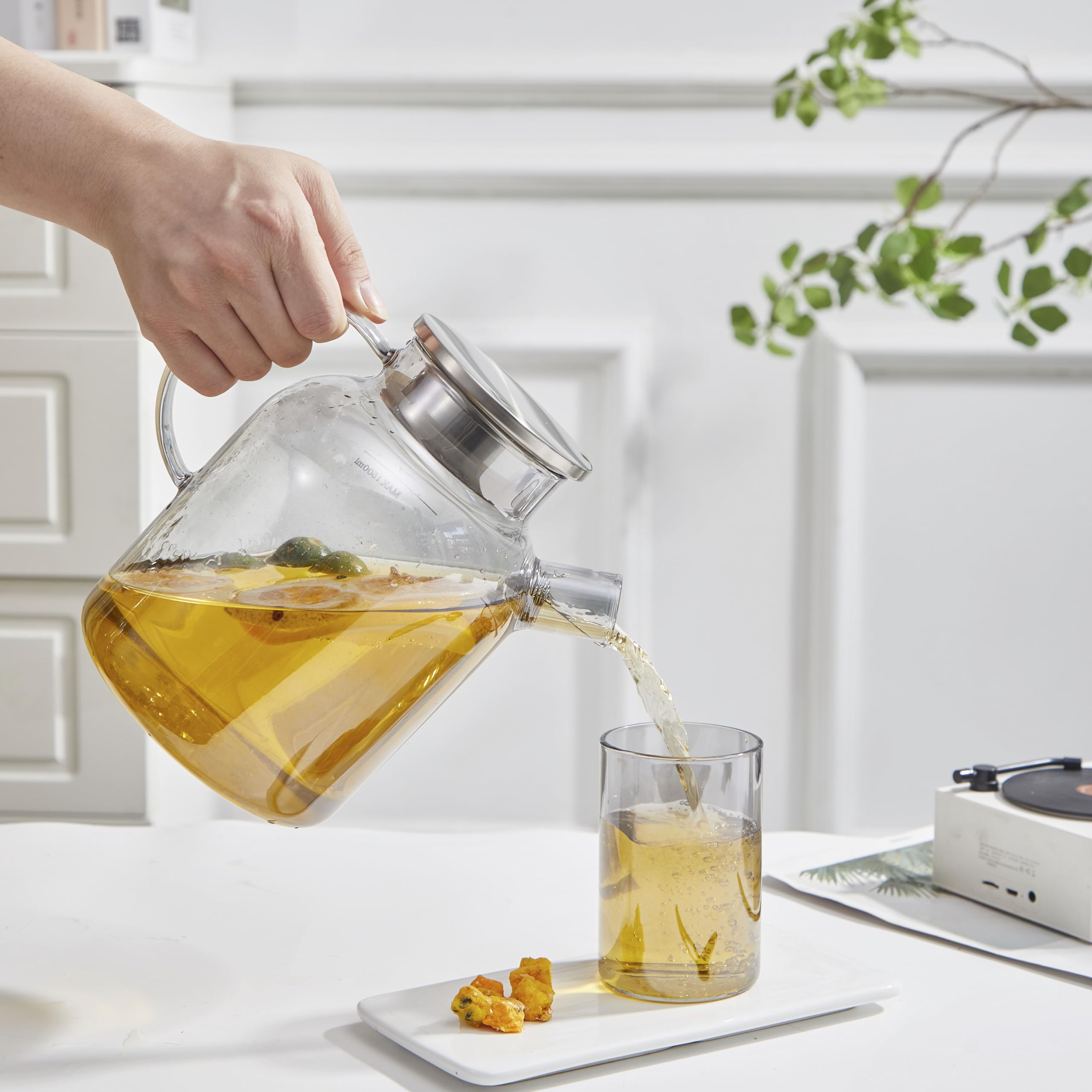 Glass Teapot Stovetop Safe,61oz/1800ml,Drinking Glasses Set of 2(11oz) Grey Gift