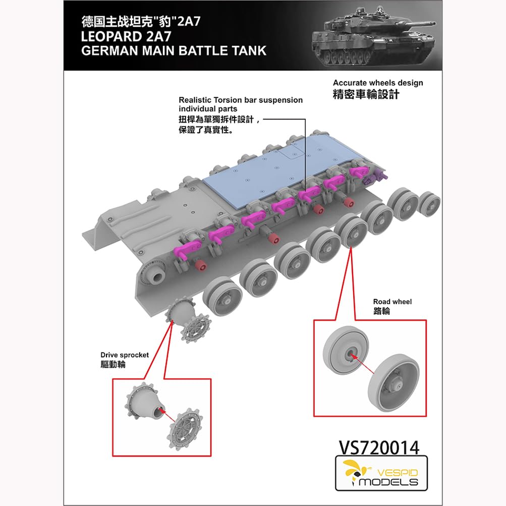 花田制造 VESPID Models VS720014 Leopard 2A7 German Main Battle Tank Model Kit, 1/72 Scale, Military Assembly Kit with Metal Barrel and Photo-Etched Parts