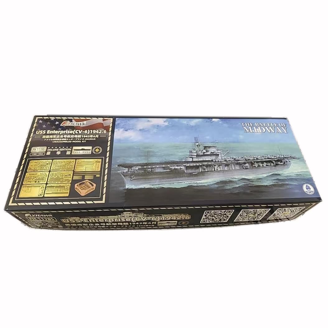 花田制造 Flyhawk FH1178S USS Enterprise CV-6 1942.6 Aircraft Carrier Model Kit, 1/700 Scale, The Battle of Midway, with Photo-Etched Parts，Deluxe EDIYION Full Hull