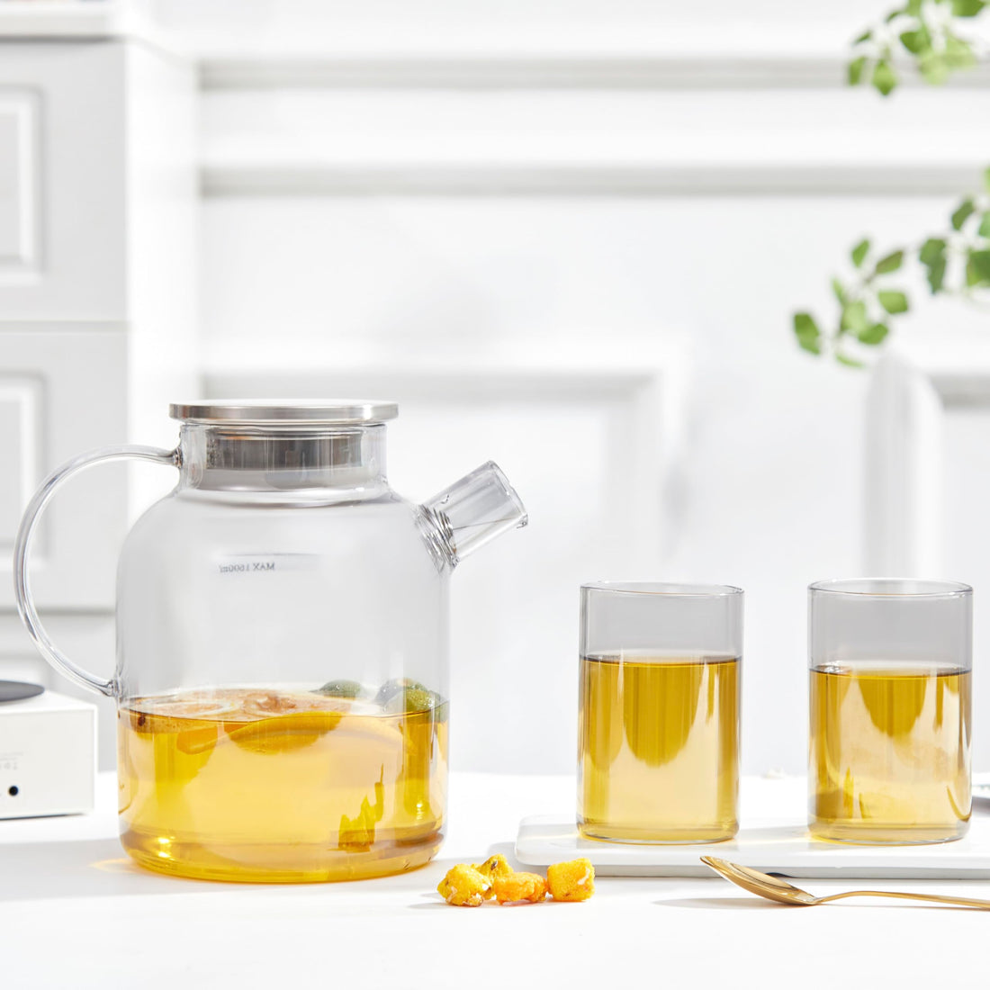 Glass Teapot Stovetop Safe,61oz/1800ml,Drinking Glasses Set of 2(11oz) Grey Gift