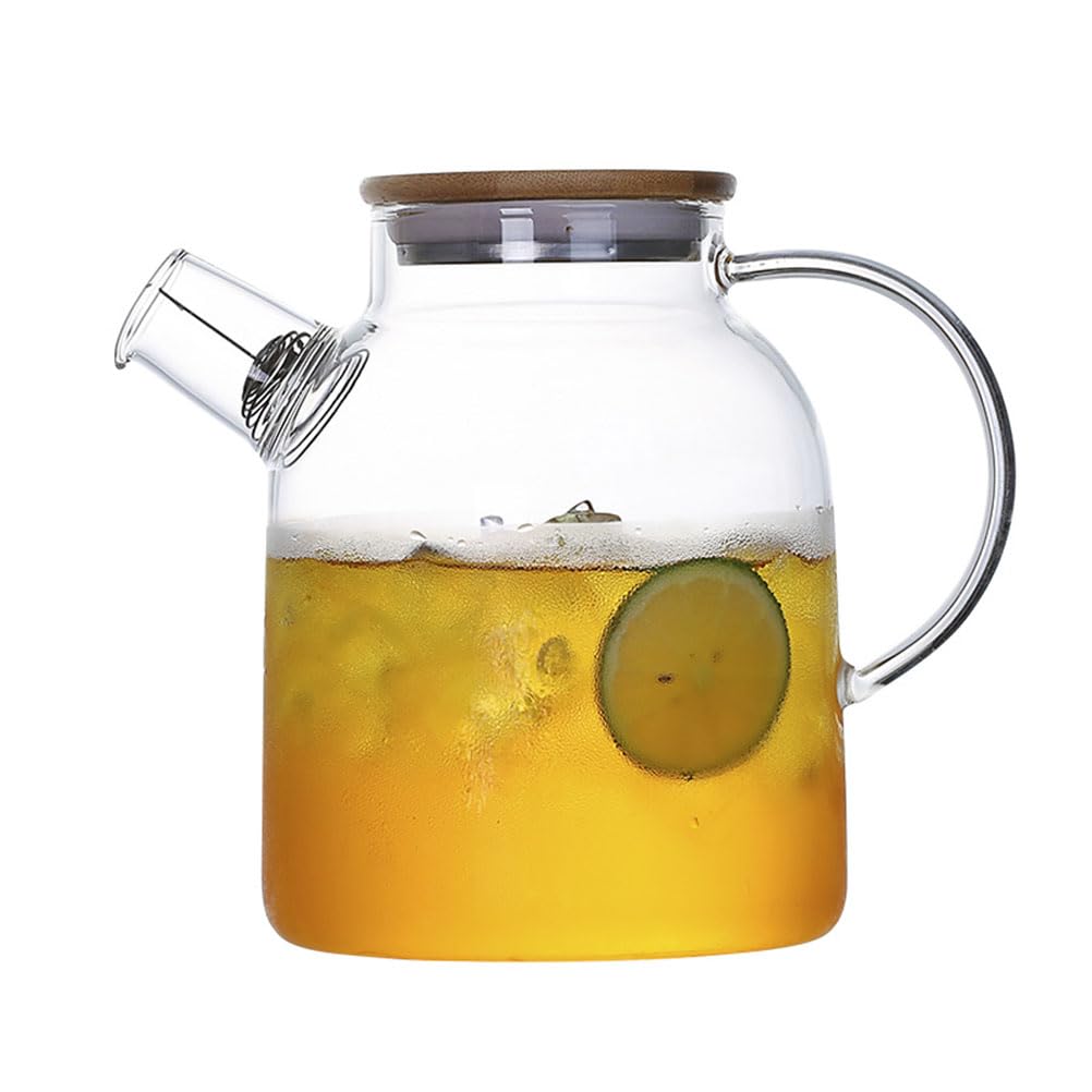 Glass Pitcher with Lid and Spout 1.8L 60 OZ Water jugs for Hot/Cold Water & Iced Tea,Wine, Coffee, Milk and Juice Beverage Stainless Steel Lid, High Heat Resistance, 100% Lead-free Clear