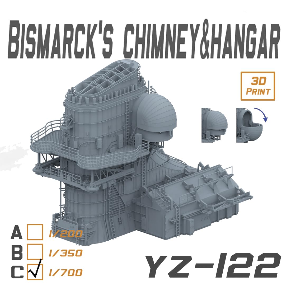 花田制造 Bismarck's Chimney & Hangar YZ-122 3D Print Model Kit, 1/700 Scale, Military Battleship Detail Part