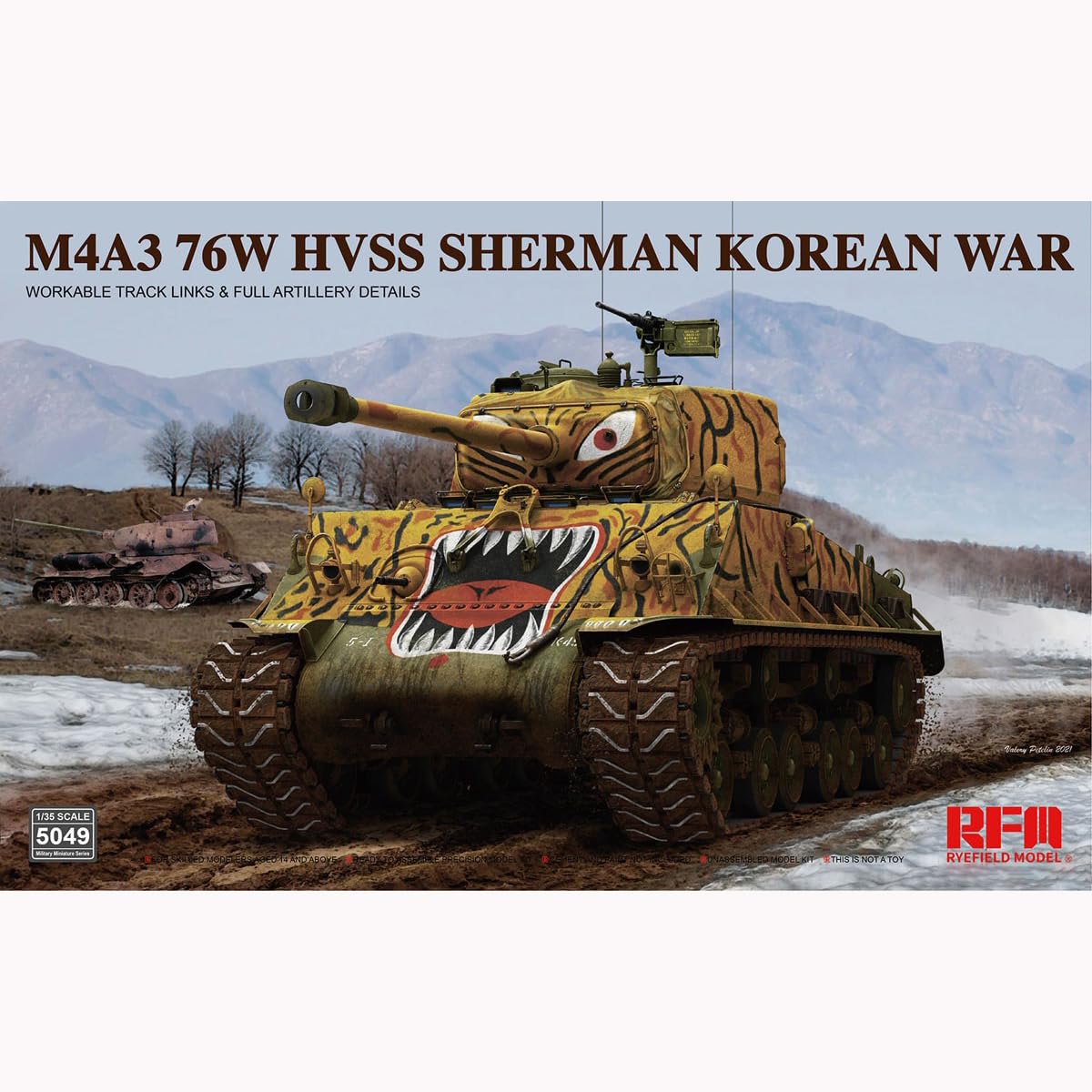 花田制造 RFM 5049 M4A3 76W HVSS Sherman Korean War Tank, 1/35 Scale Model Kit, WORKABLE Track Links & Full Artillery Details,Ryefield Model