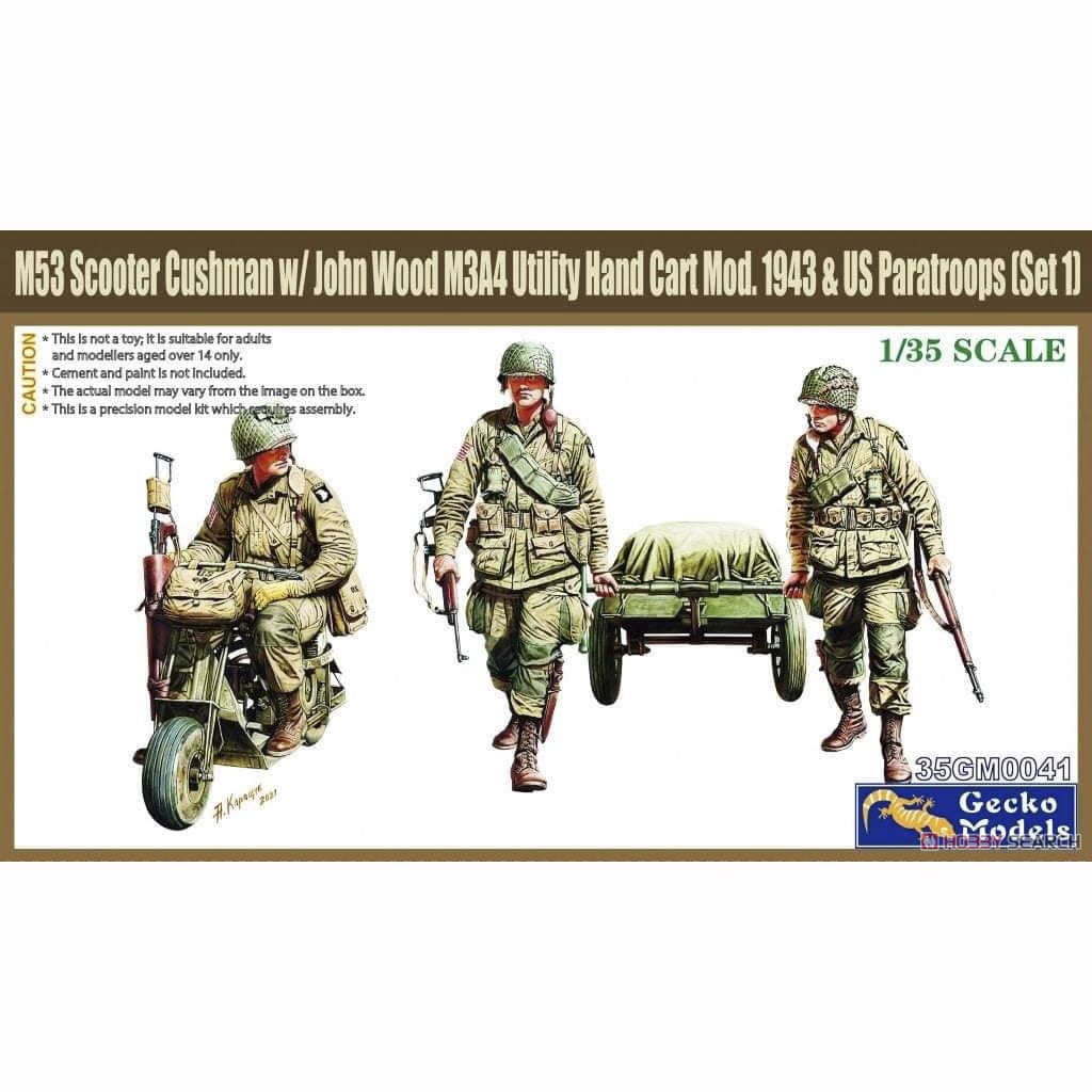 花田制造 Gecko Models 35GM0041 M53 Scooter Cushman w/John Wood M3A4 Utility Hand Cart Mod. 1943 & US Paratroopers (Set 1), 1/35 Scale Military Model Kit