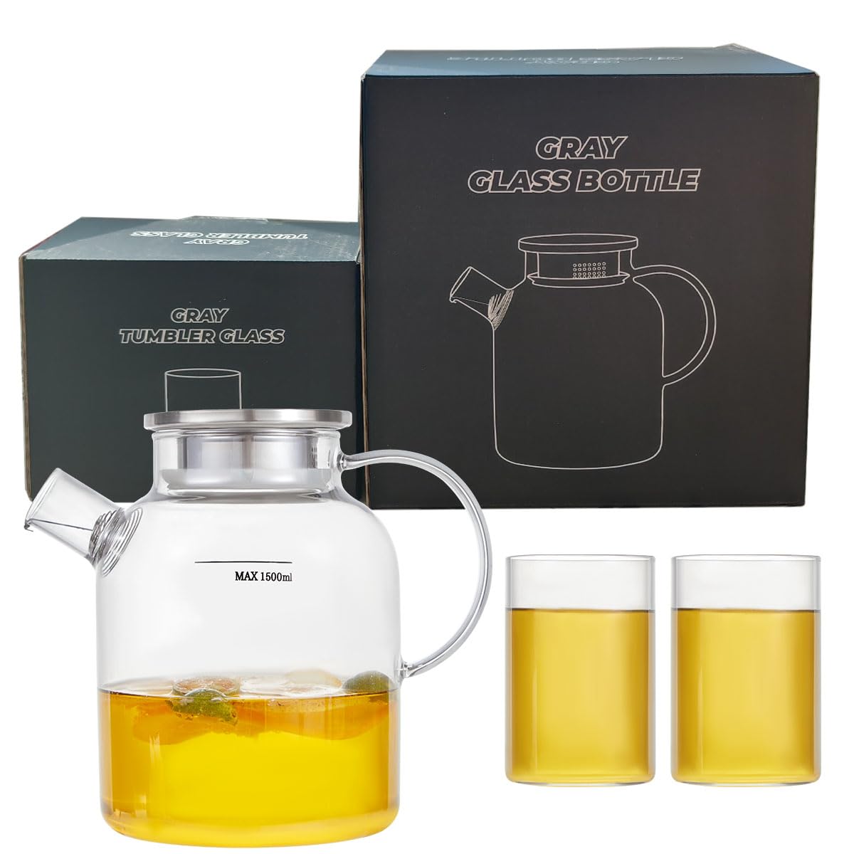 Glass Teapot Stovetop Safe,61oz/1800ml,Drinking Glasses Set of 2(11oz) Grey Gift