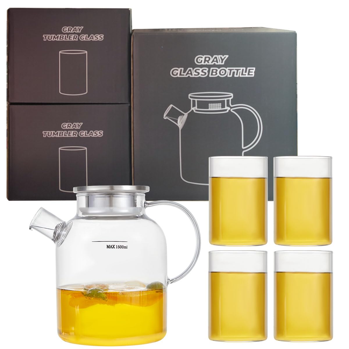 Glass Teapot Stovetop Safe,61oz/1800ml,Drinking Glasses Set of 4(11oz/300ml) Grey Gift