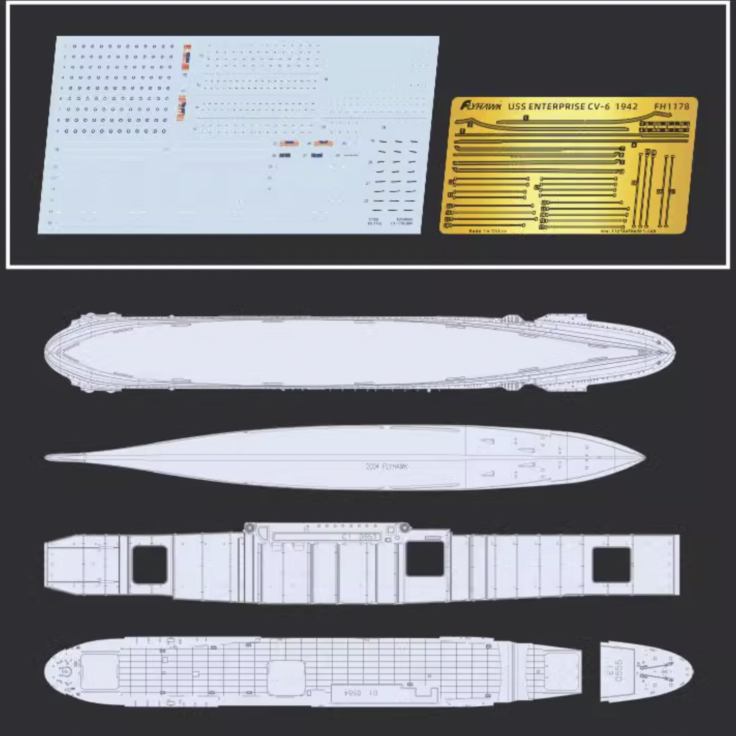 花田制造 Flyhawk FH1178 USS Enterprise CV-6 1942.6 Aircraft Carrier Model Kit, 1/700 Scale, The Battle of Midway