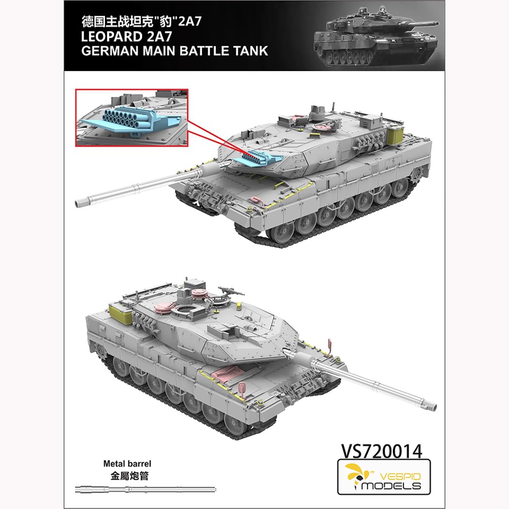 花田制造 VESPID Models VS720014 Leopard 2A7 German Main Battle Tank Model Kit, 1/72 Scale, Military Assembly Kit with Metal Barrel and Photo-Etched Parts