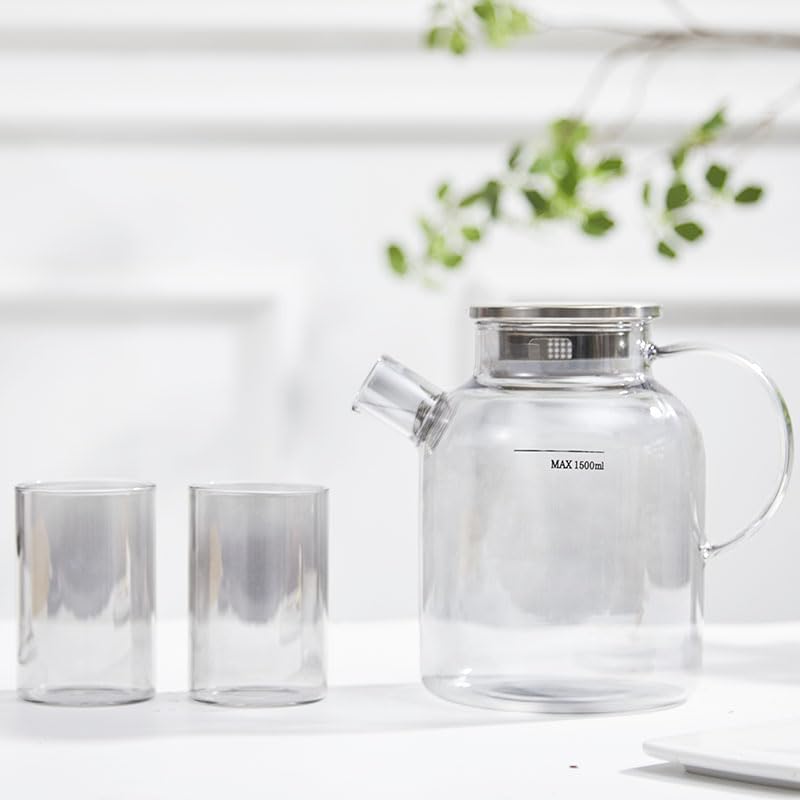 Glass Teapot Stovetop Safe,61oz/1800ml,Drinking Glasses Set of 2(11oz) Grey Gift