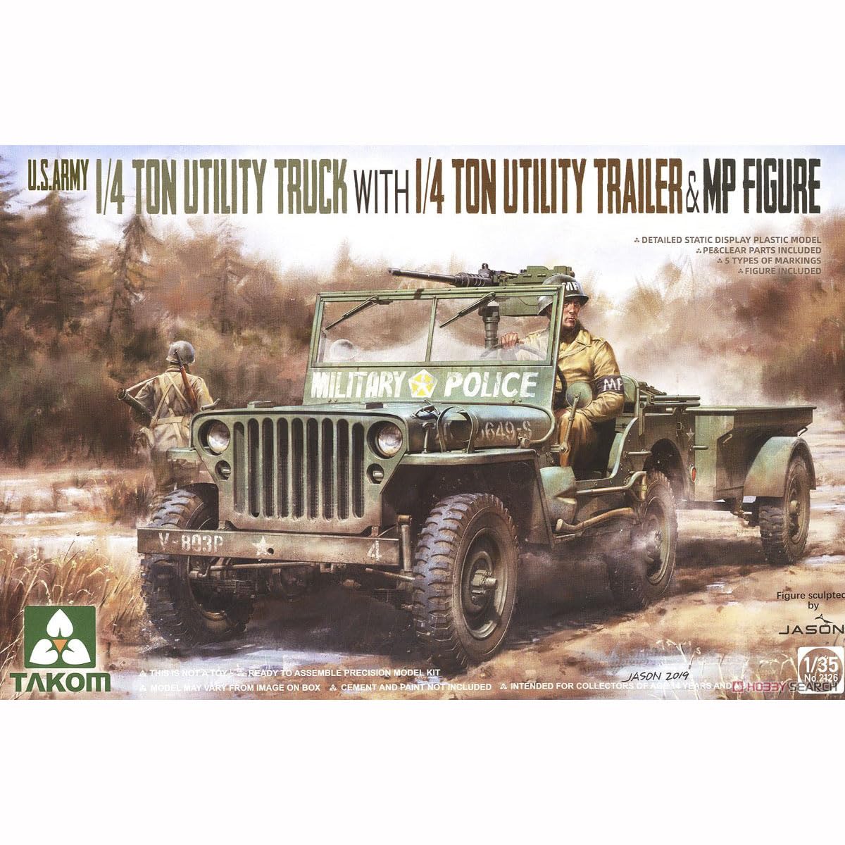 花田制造 TAKOM 2126 U.S. Army 1/4 Ton Utility Truck with 1/4 Ton Utility Trailer & MP Figure, 1/35 Scale Military Truck Model Kit