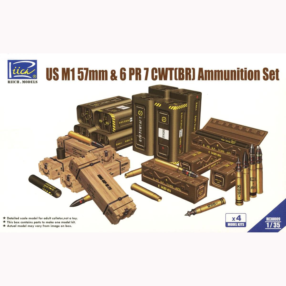 花田制造 RE30009 US M1 57mm & 6 PR 7 CWT Ammunition Set, 1/35 Scale Model Kit, 4 Pack,Riich Models