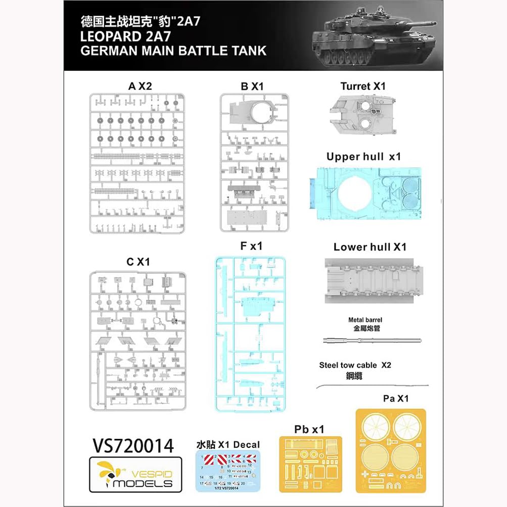 花田制造 VESPID Models VS720014 Leopard 2A7 German Main Battle Tank Model Kit, 1/72 Scale, Military Assembly Kit with Metal Barrel and Photo-Etched Parts