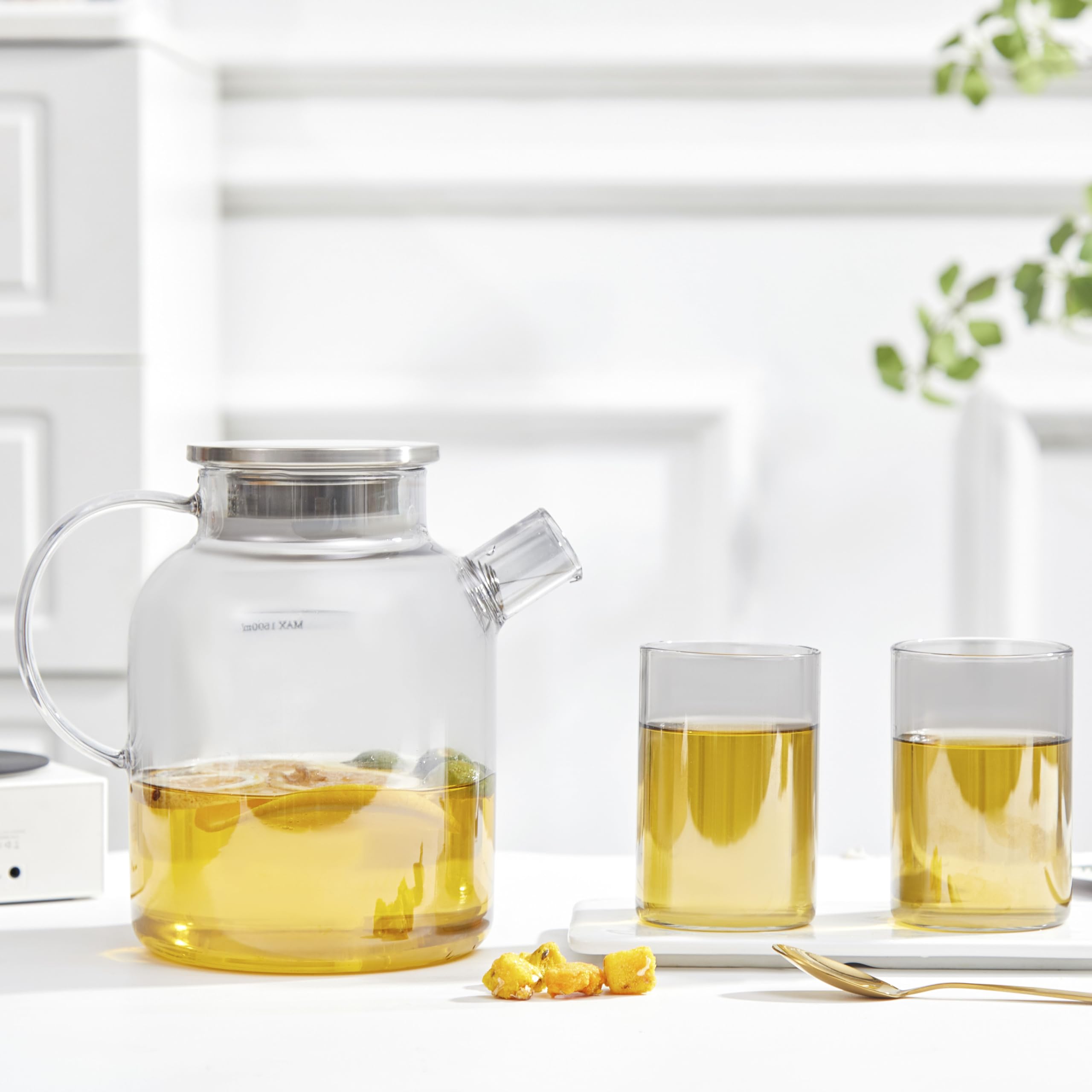 Glass Teapot Stovetop Safe,61oz/1800ml,Drinking Glasses Set of 4(11oz/300ml) Grey Gift