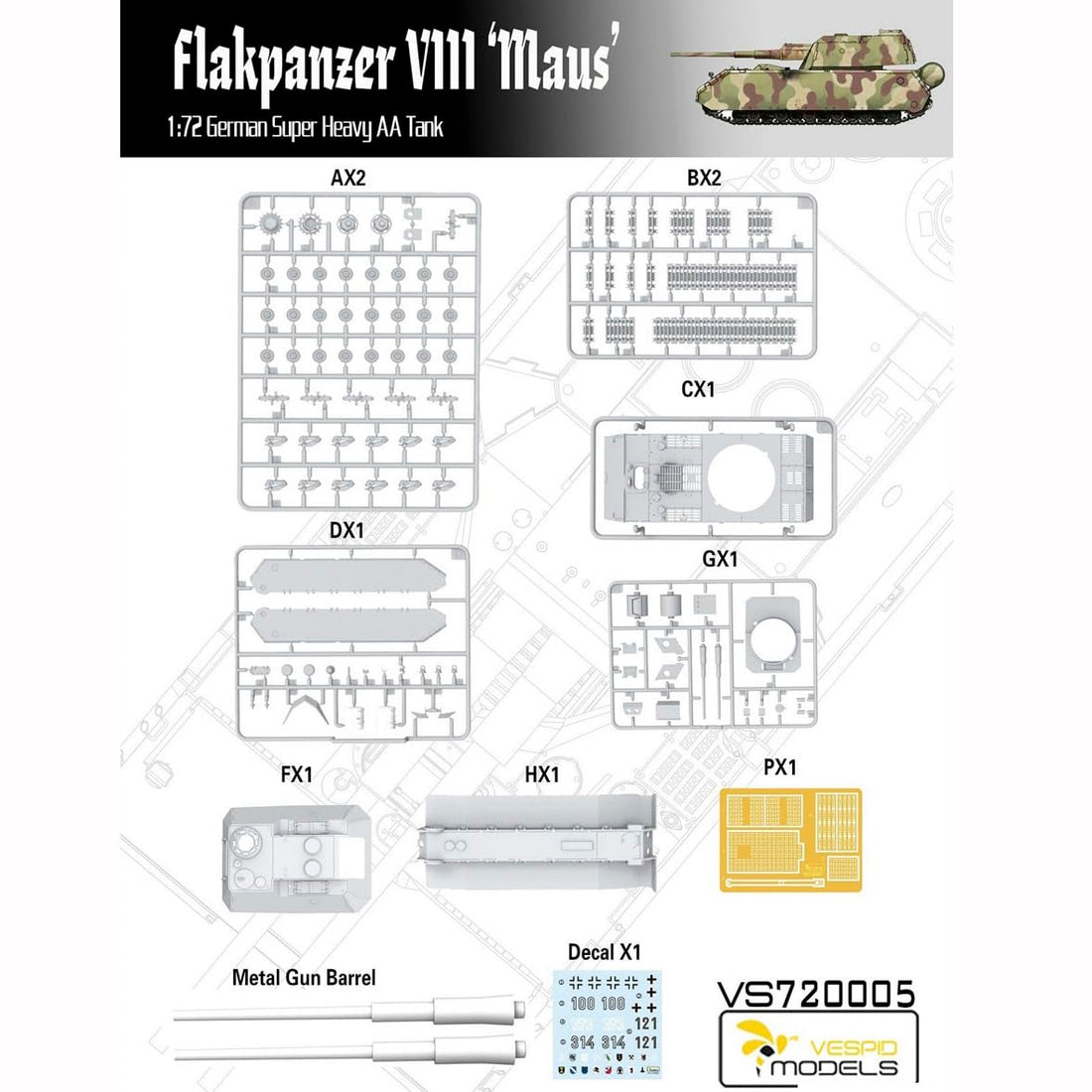 花田制造 Vespid Models VS720005 Flakpanzer VIII Maus Super Heavy AA Tank, 1/72 Scale Military Model Kit
