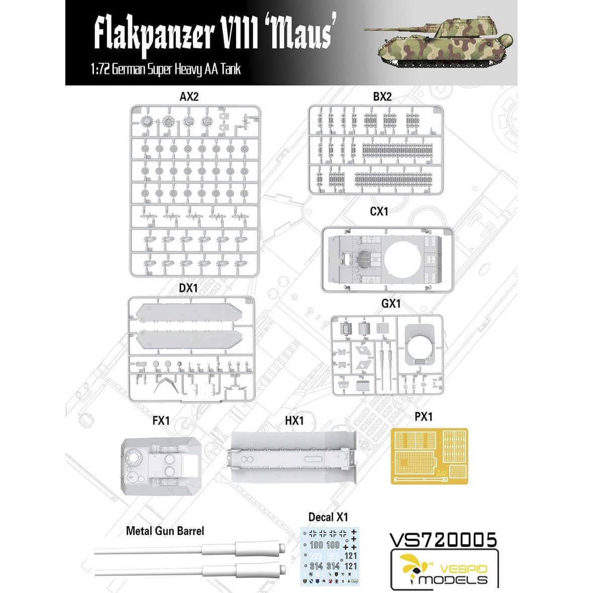 花田制造 Vespid Models VS720005 Flakpanzer VIII Maus Super Heavy AA Tank, 1/72 Scale Military Model Kit