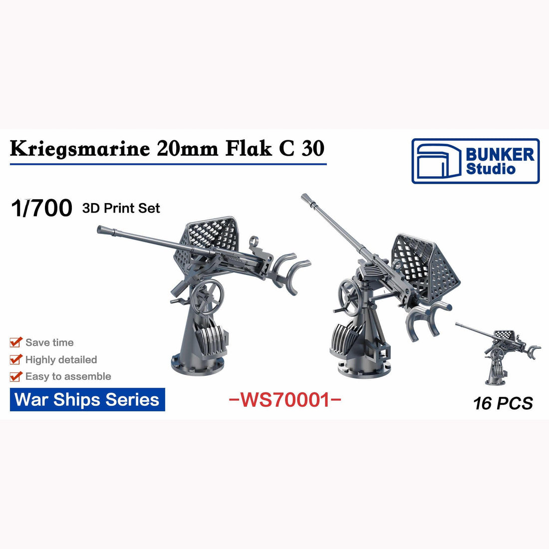 花田制造 Bunker Studio WS70001 Kriegsmarine 20mm Flak C 30, 1/700 Scale Model, 16 Pieces 3D Print Set, War Ships Series