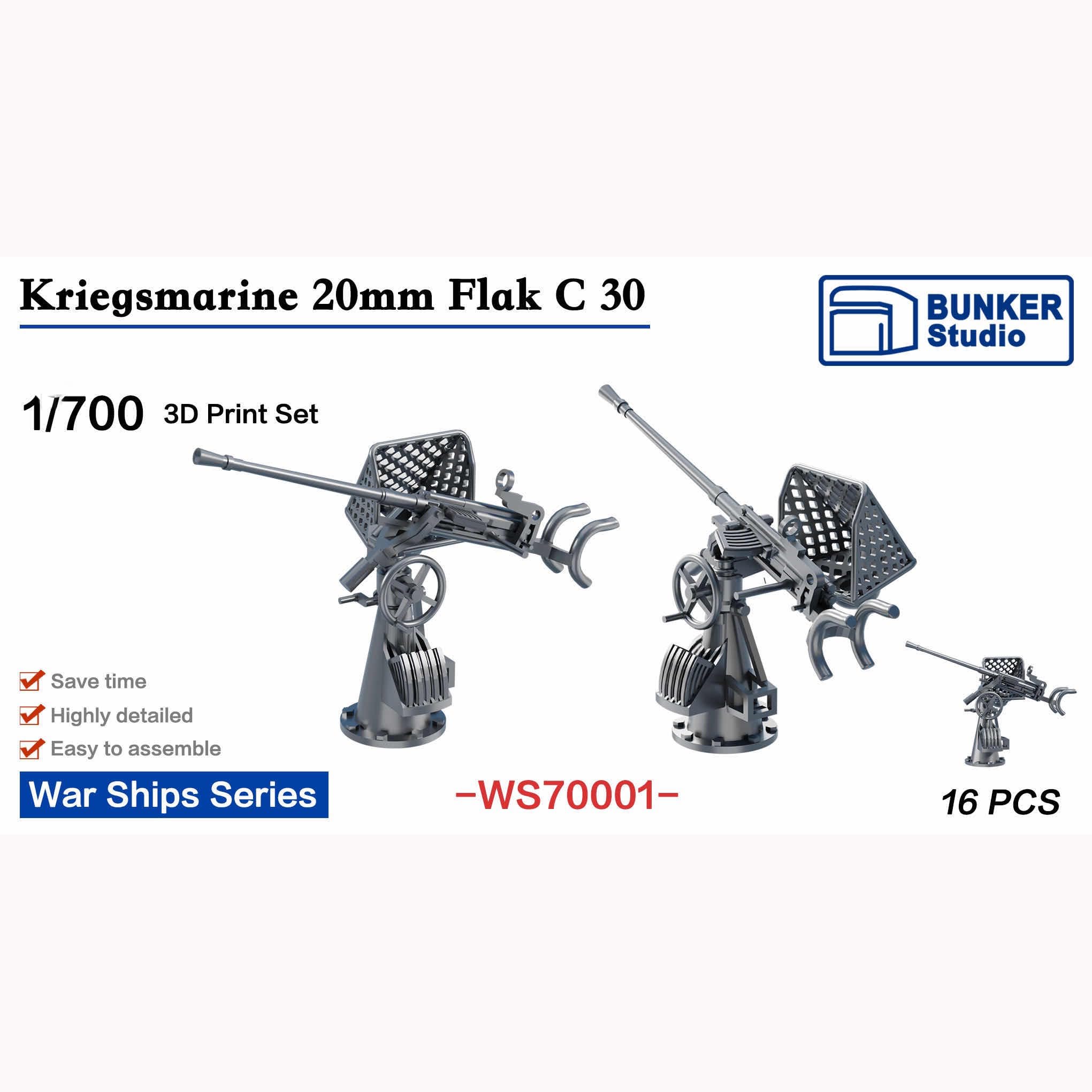 花田制造 Bunker Studio WS70001 Kriegsmarine 20mm Flak C 30, 1/700 Scale Model, 16 Pieces 3D Print Set, War Ships Series