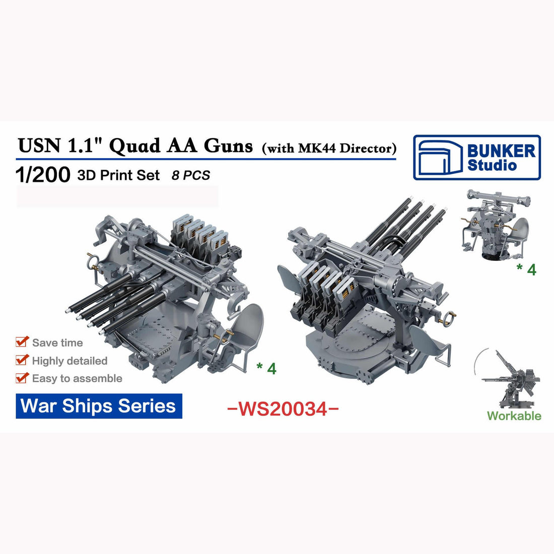 花田制造 Bunker Studio WS20034 USN 1.1" Quad AA Guns with MK44 Director 3D Print Set Model Kit, 8 Pieces, War Ships Series 1/200 Scale