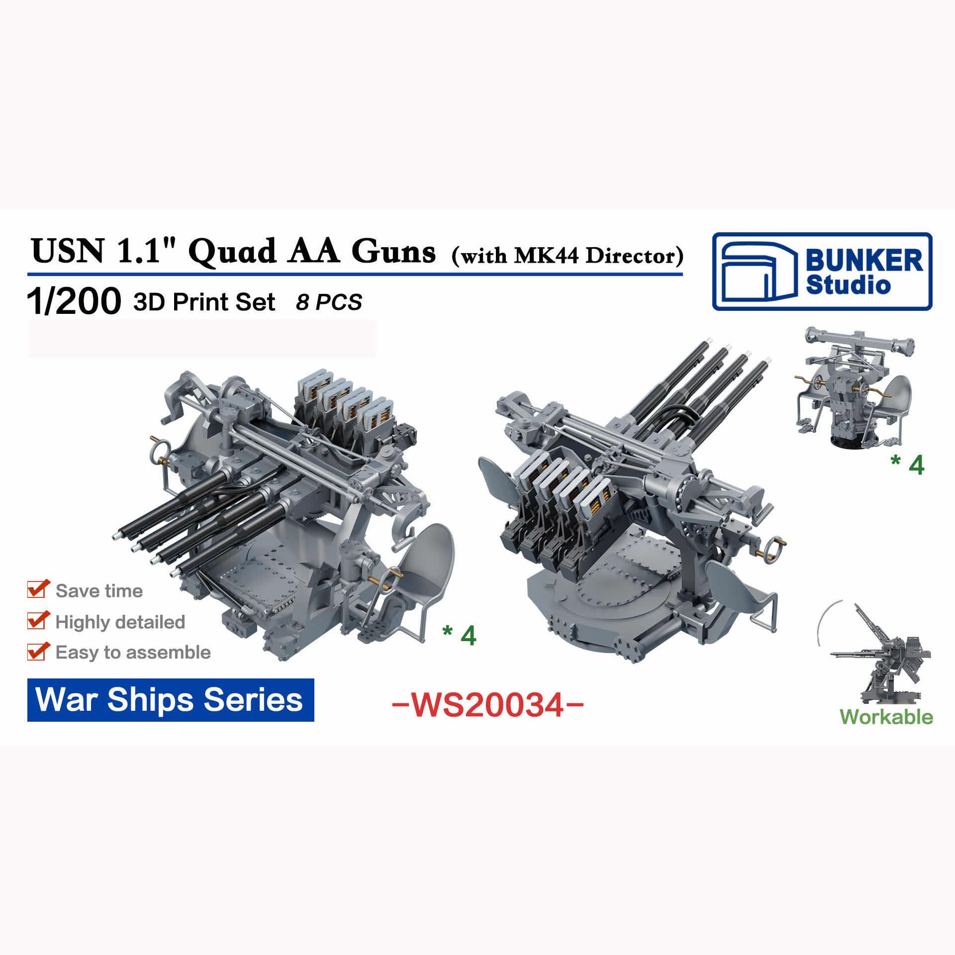 花田制造 Bunker Studio WS20034 USN 1.1" Quad AA Guns with MK44 Director 3D Print Set Model Kit, 8 Pieces, War Ships Series 1/200 Scale