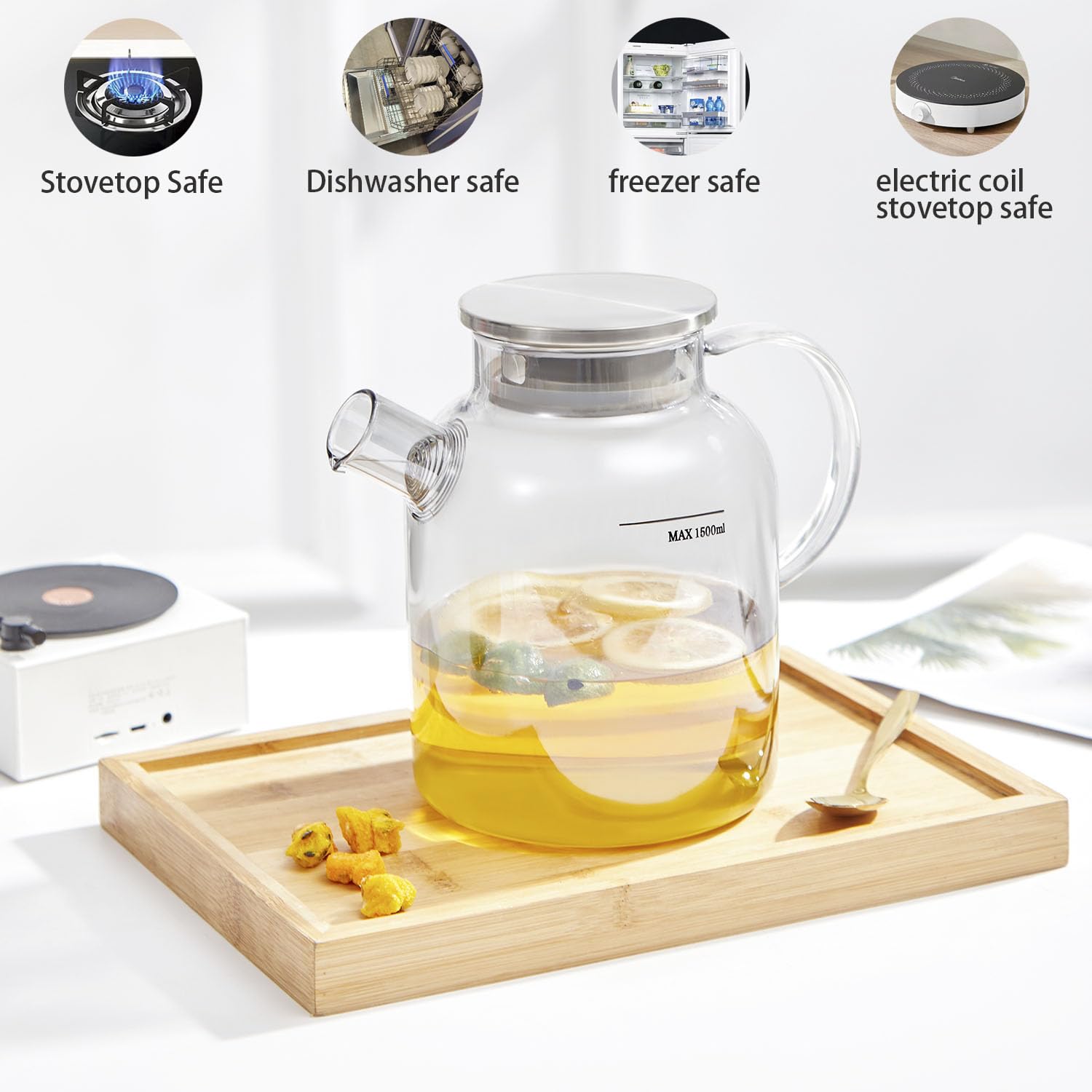 Glass Teapot Stovetop Safe,61oz/1800ml,Drinking Glasses Set of 4(11oz/300ml) Grey Gift