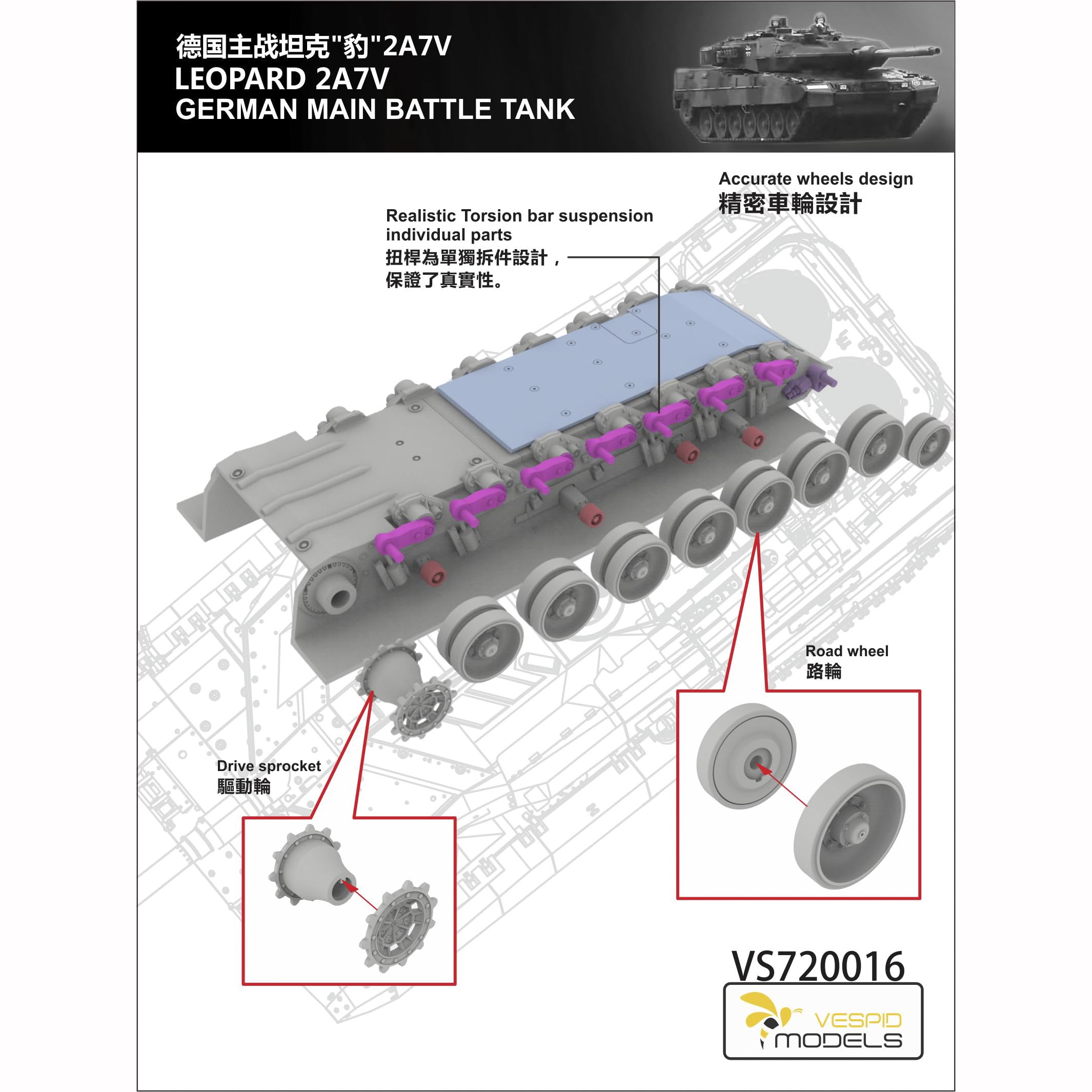 花田制造 VS720016 Leopard 2 A7V Main Battle Tank Model Kit, 1/72 Scale, 2016 Production Version