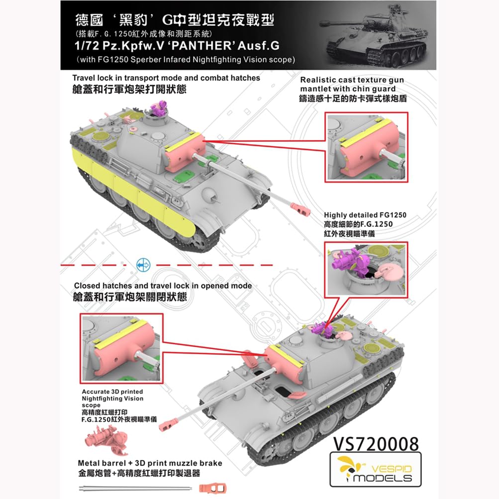 Vespid Models VS720008 Pz.Kpfw.V Panther Ausf.G Tank Model Kit, 1/72 Scale, with FG1250 sperber infared Nightfighting Vision Scope, Military Theme