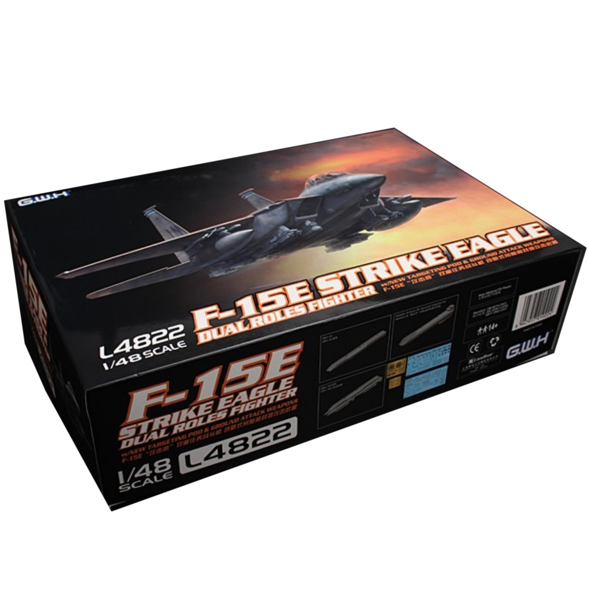 花田制造 GWH L4822 F-15E Strike Eagle Dual Roles Fighter Model Kit, 1/48 Scale Military Aircraft with Ground Attack Weapons, Grey Plastic Assembly Kit