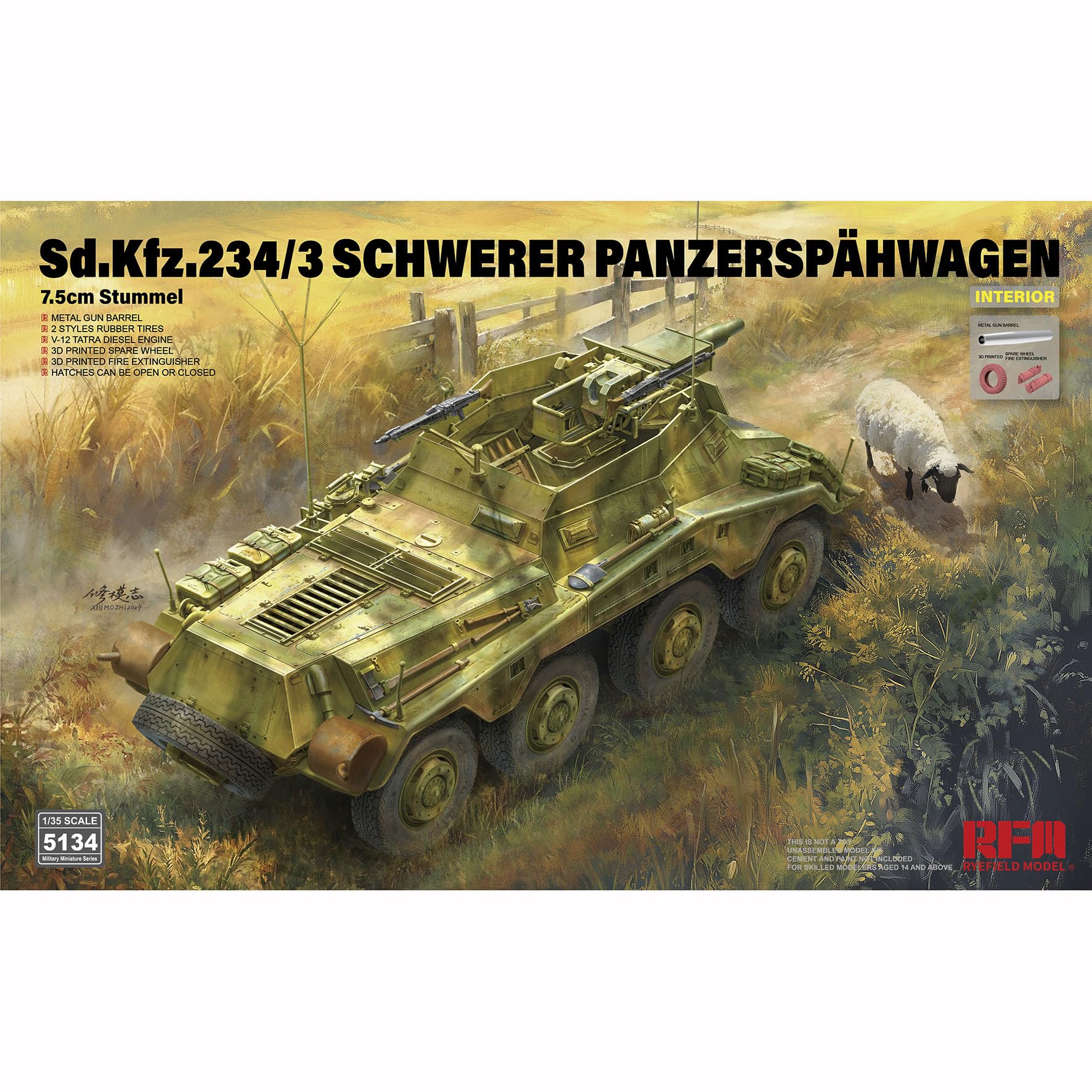 花田制造 RFM Sd.Kfz.234/3 Schwerer Panzerspahwagen, 1/35 Scale Military Model Kit, with Interior Details