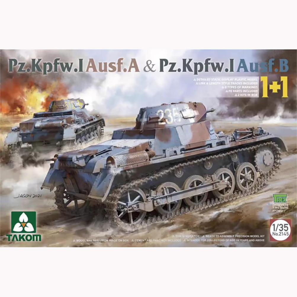 花田制造 Takom 2145 1/35 Scale Pz.Kpfw.I Ausf.A & Pz.Kpfw.I Ausf.B German Tank Model Kit, Military Vehicle Building Set, 2-in-1 Collection