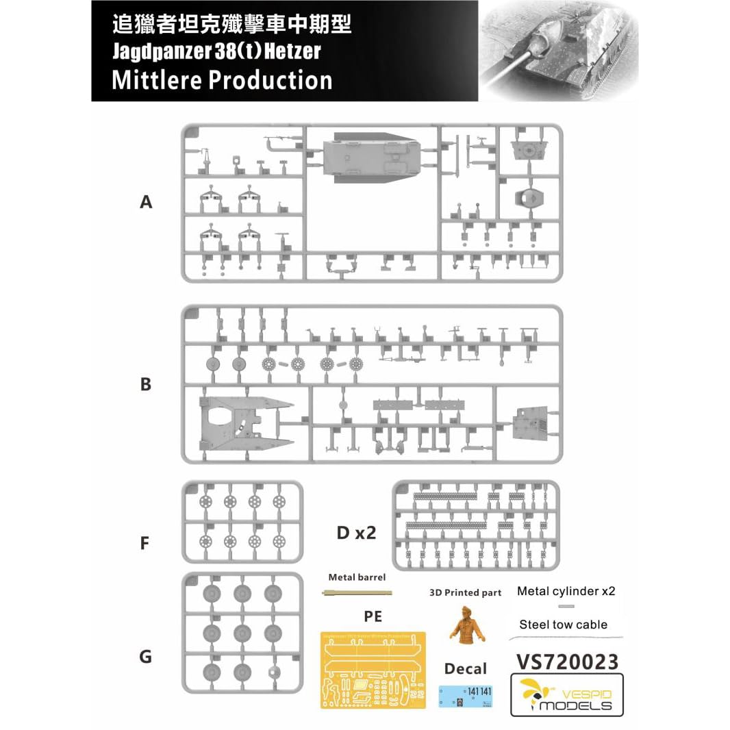 Vespid Models VS720023 1/72 Scale,Jagdpanzer 38(t) Hetzer Tank Model Kit, Mittlere Production