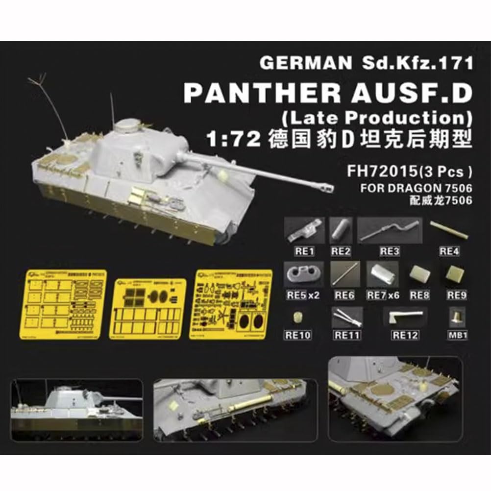 花田制造 flyhawk FH72015(3 Pcs) 1:72 Scale German Sd.Kfz.171 Panther Ausf.D Late Production Tank Model Kit for Dragon 7506, Photoetch Set Etched Parts