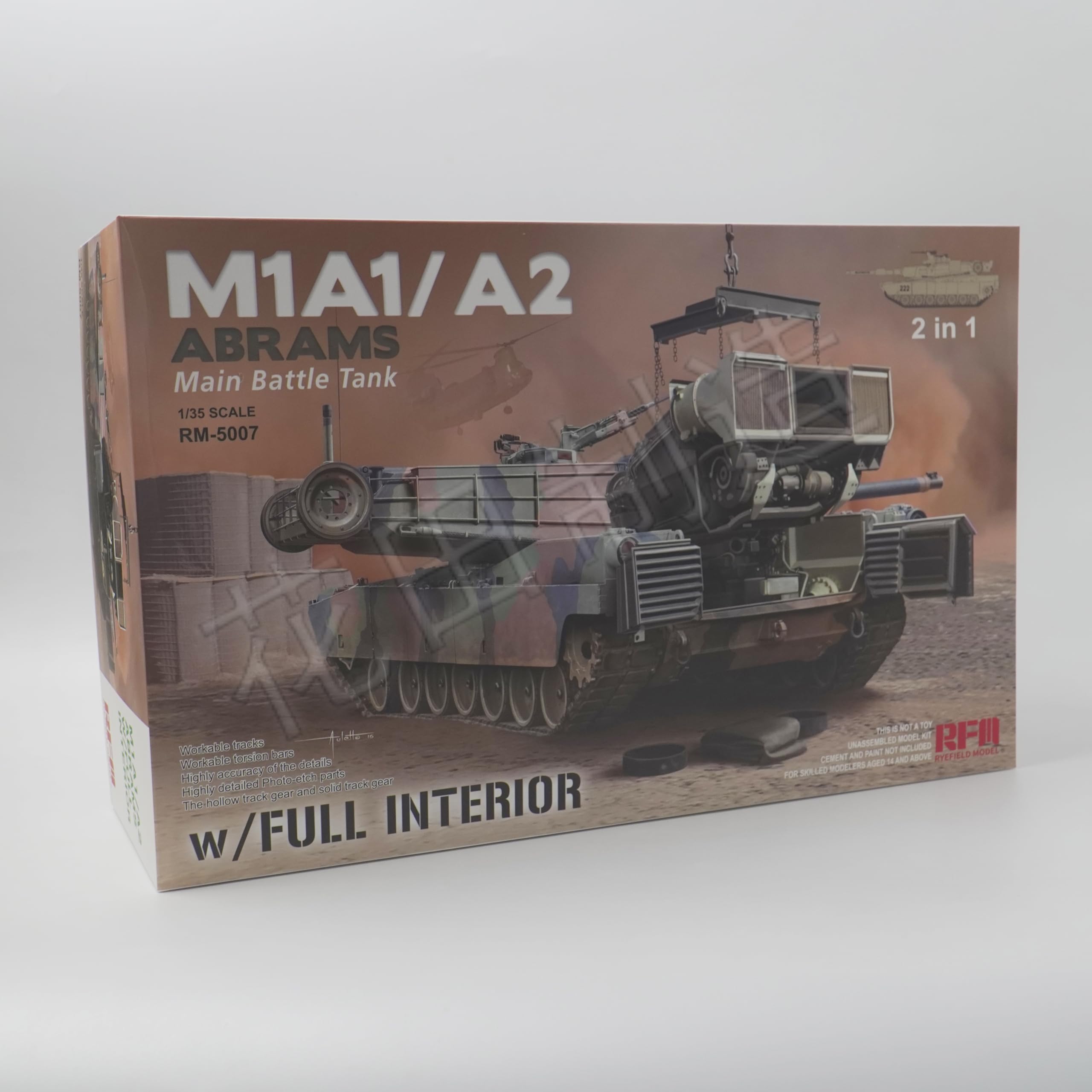 花田制造 RFM RM-5007 M1A1/A2 Abrams Main Battle Tank 2 in 1 Military Vehicle Model kit，with Full Interior，1/35 SACAL
