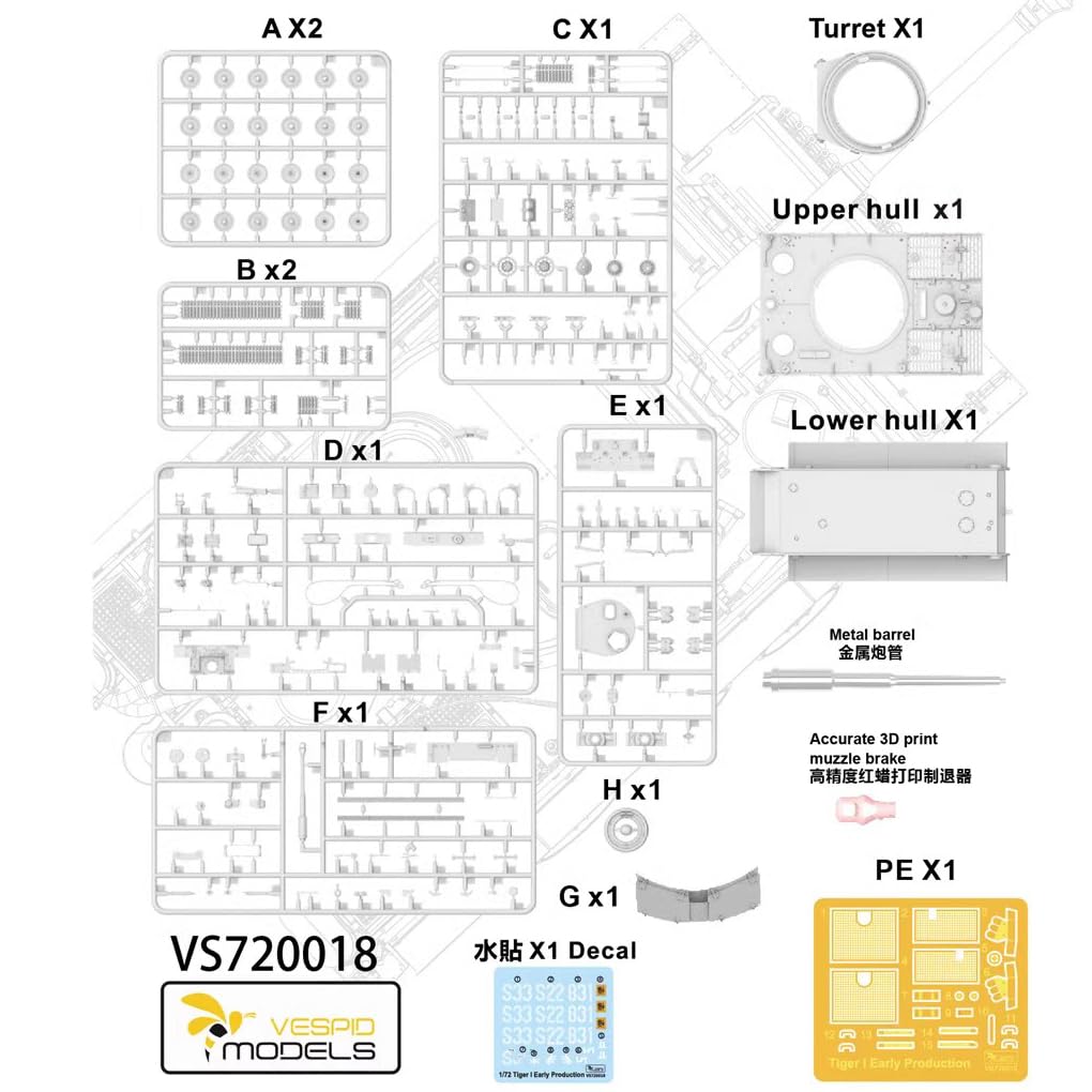 花田制造 Vespid Models Tiger I Early Production 1/72 Scale Model Kit, Military Tank with Metal Barrel, Track Links, Decals, and PE Parts