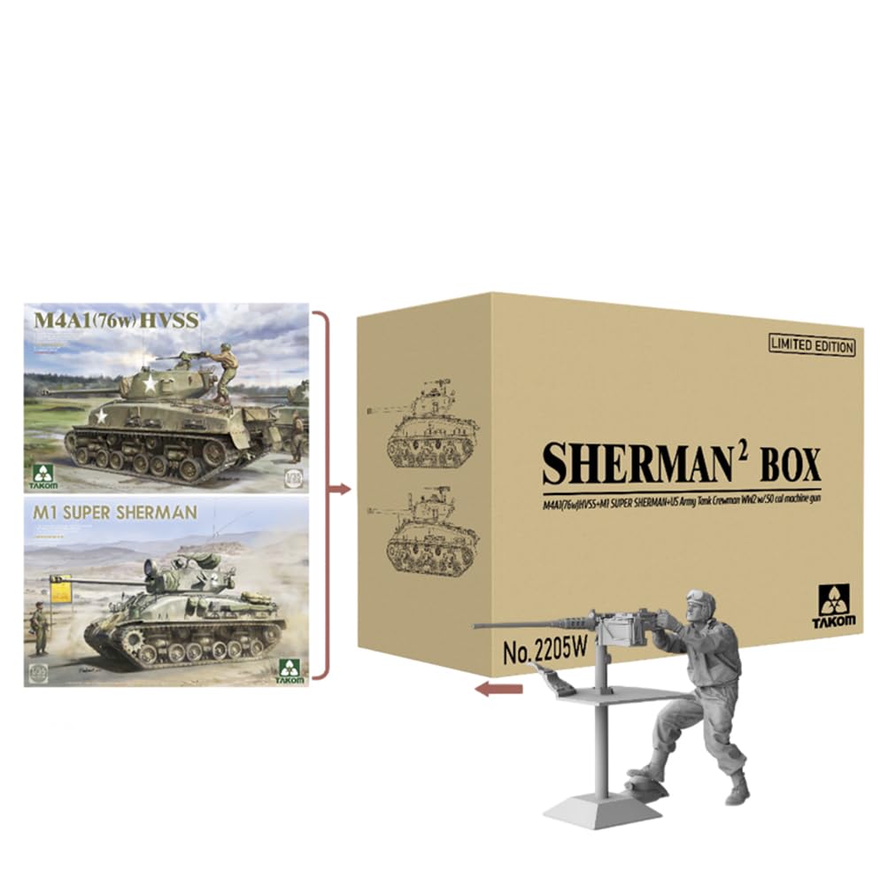 花田制造 Takom 2205W Sherman 2 Box Tank Model Kit Set, 1/35 Scale M4A1(76W) HVSS and M1 Super Sherman with 1/16 Scale Tank Crewman Figure, Limited Edition Military Model
