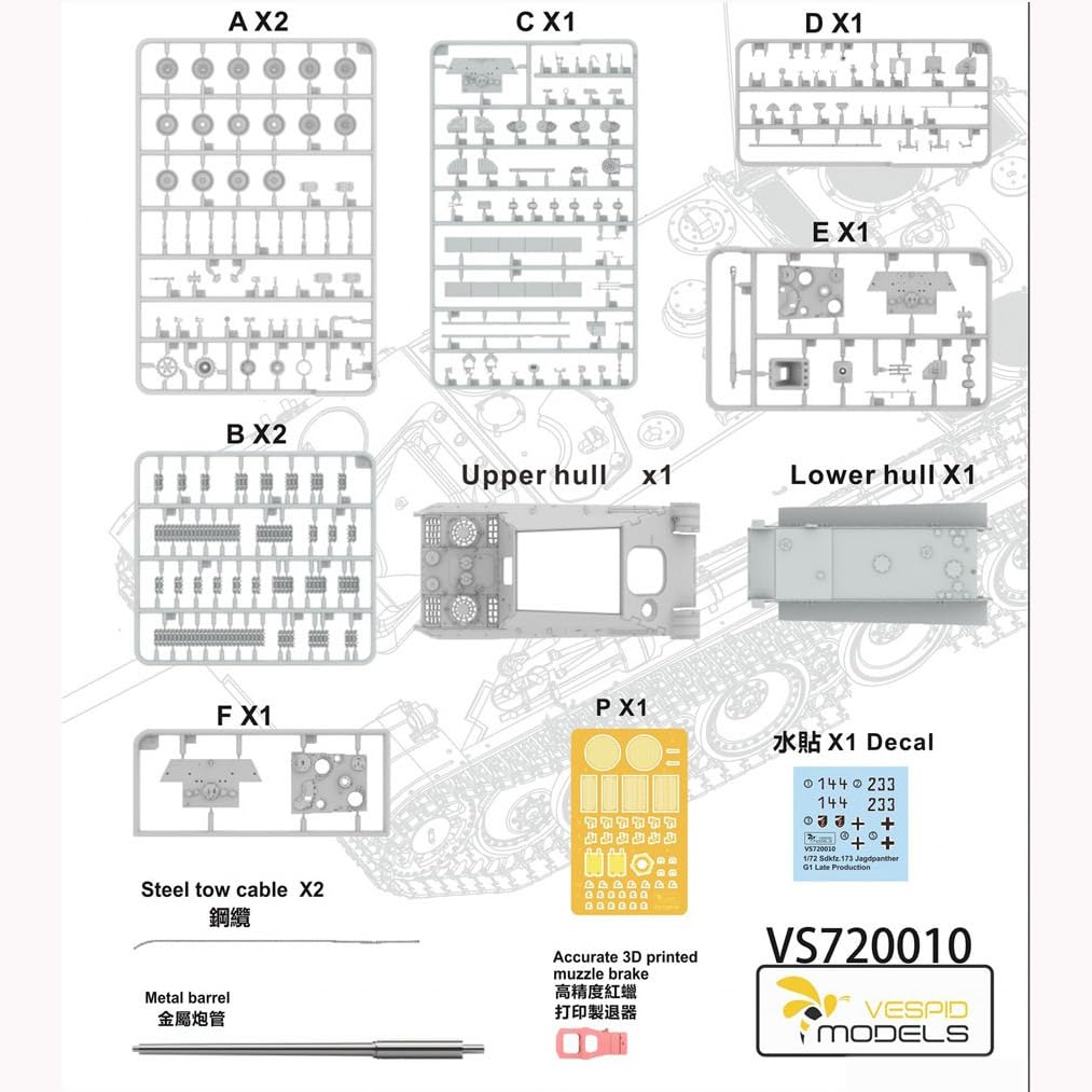花田制造 Jagdpanther Sdkfz.173 G1 Late Production Tank Model Kit, 1/72 Scale, Vespid Models VS720010