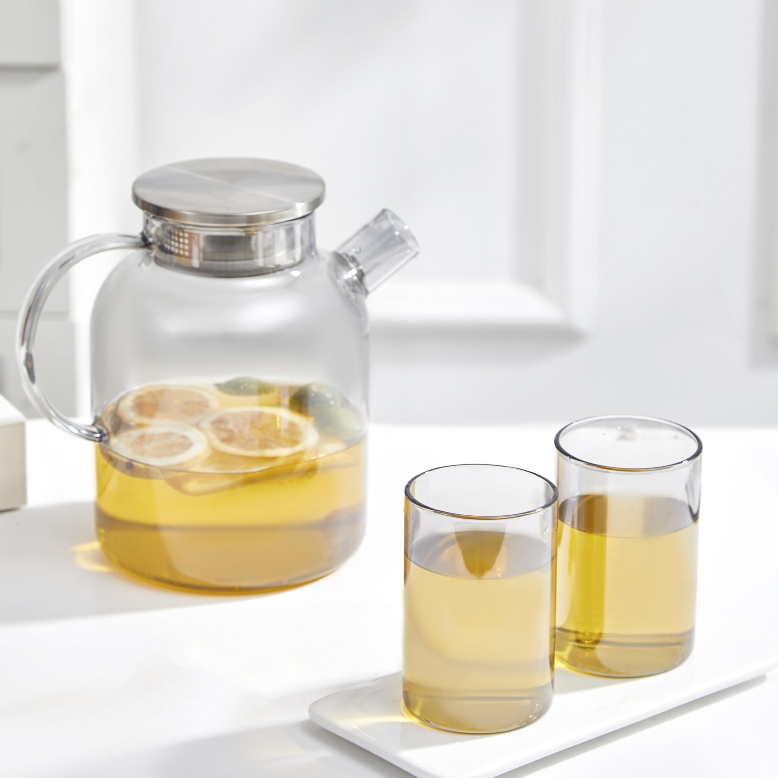 Glass Teapot Stovetop Safe,61oz/1800ml,Drinking Glasses Set of 4(11oz/300ml) Grey Gift