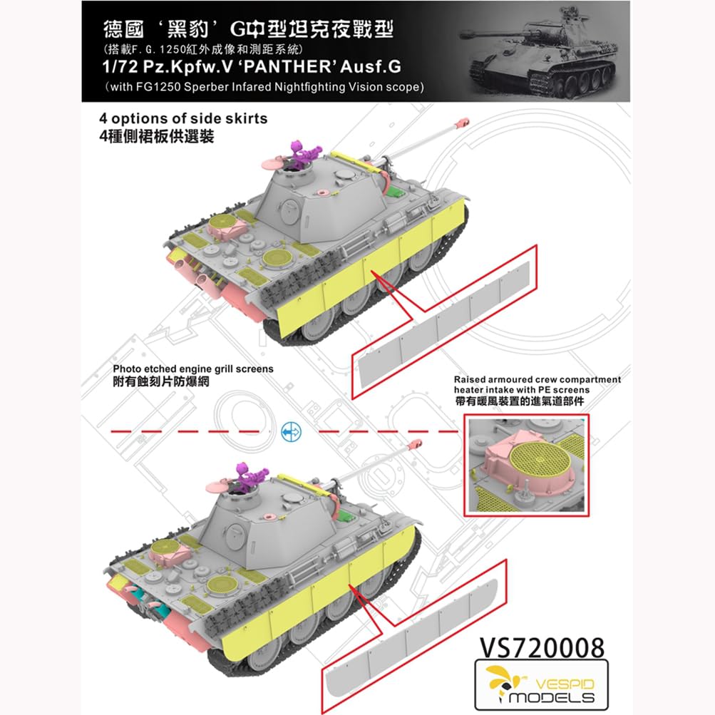 Vespid Models VS720008 Pz.Kpfw.V Panther Ausf.G Tank Model Kit, 1/72 Scale, with FG1250 sperber infared Nightfighting Vision Scope, Military Theme