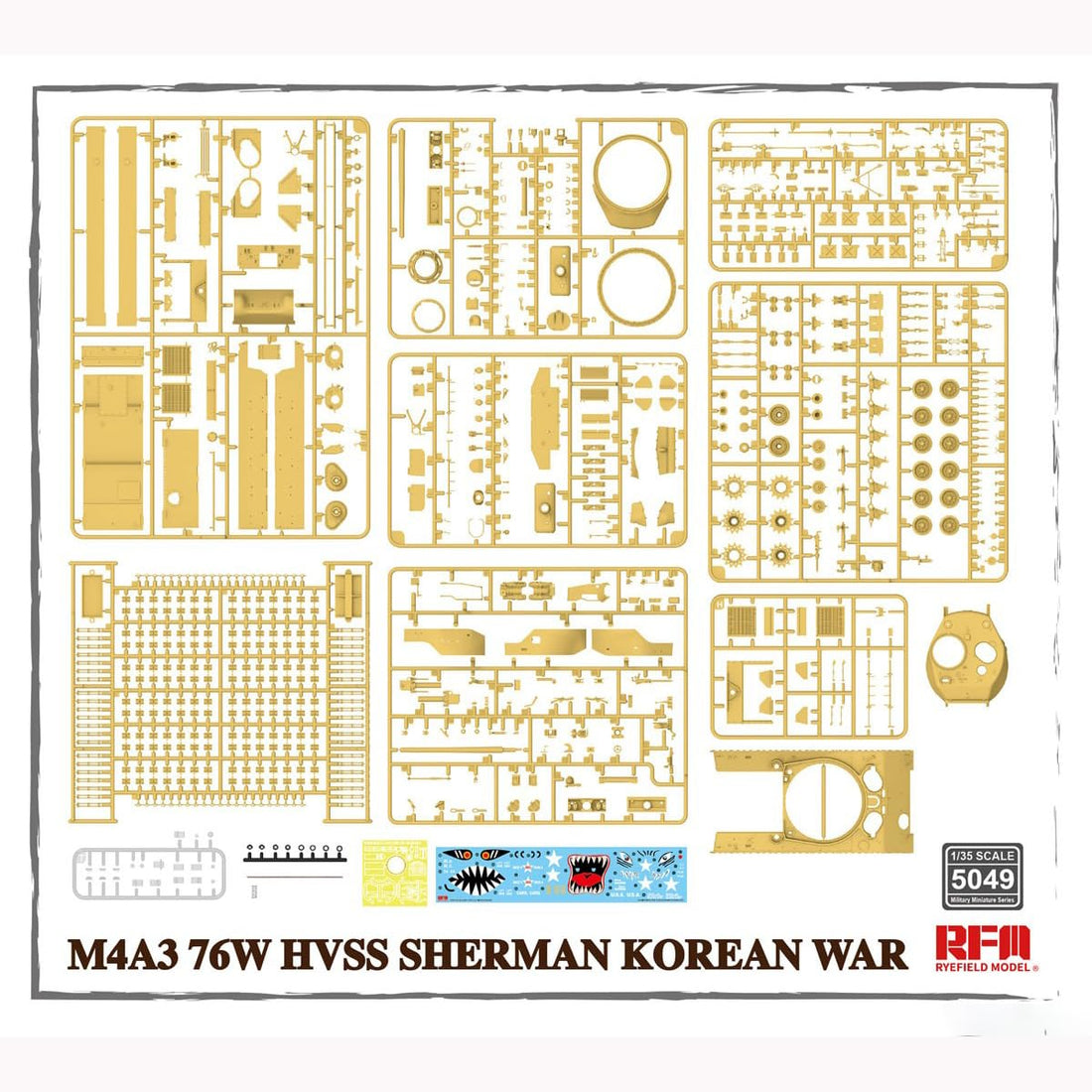 花田制造 RFM 5049 M4A3 76W HVSS Sherman Korean War Tank, 1/35 Scale Model Kit, WORKABLE Track Links & Full Artillery Details,Ryefield Model