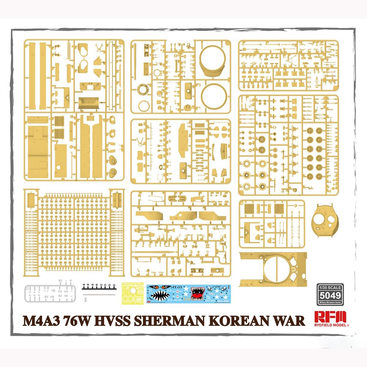 花田制造 RFM 5049 M4A3 76W HVSS Sherman Korean War Tank, 1/35 Scale Model Kit, WORKABLE Track Links & Full Artillery Details,Ryefield Model