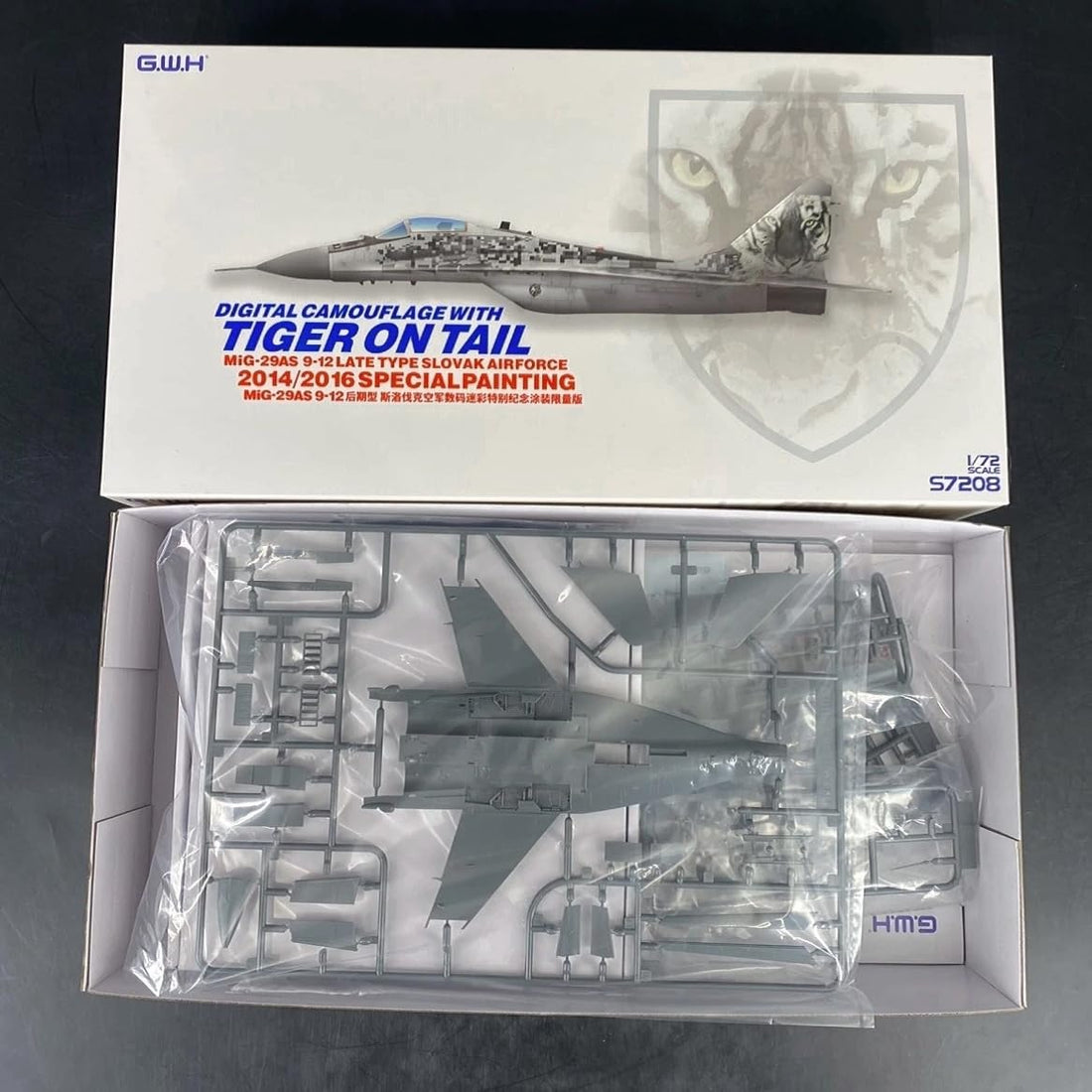 花田制造 G.W.H S7208 MiG-29AS 9-12 Later Type Slovak Airforce 1/72 Scale Model Kit, Digital Camouflage with Tiger on Tail 2014/2016 Special Painting, Unassembled