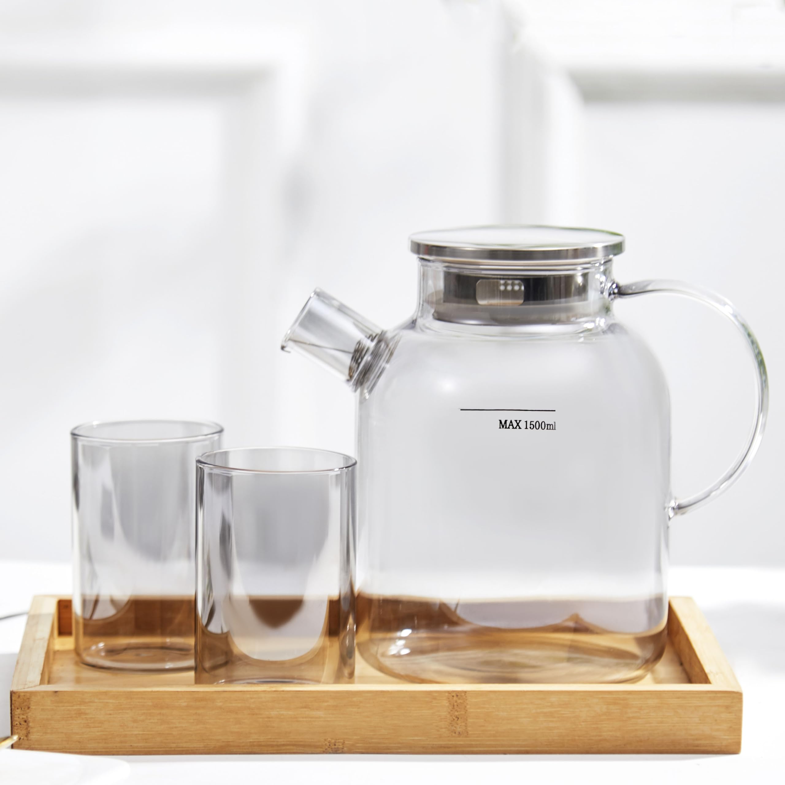 Glass Teapot Stovetop Safe,61oz/1800ml,Drinking Glasses Set of 4(11oz/300ml) Grey Gift