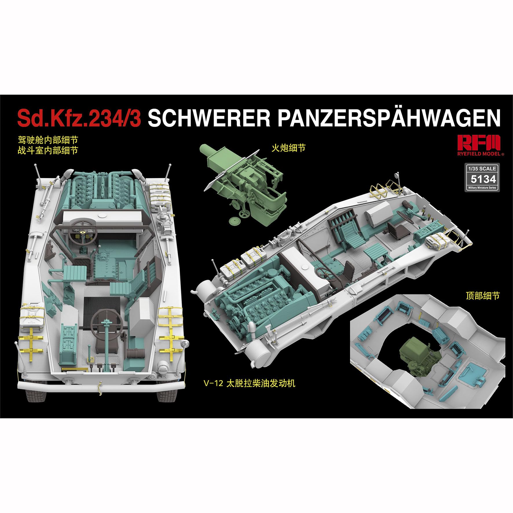 花田制造 RFM Sd.Kfz.234/3 Schwerer Panzerspahwagen, 1/35 Scale Military Model Kit, with Interior Details