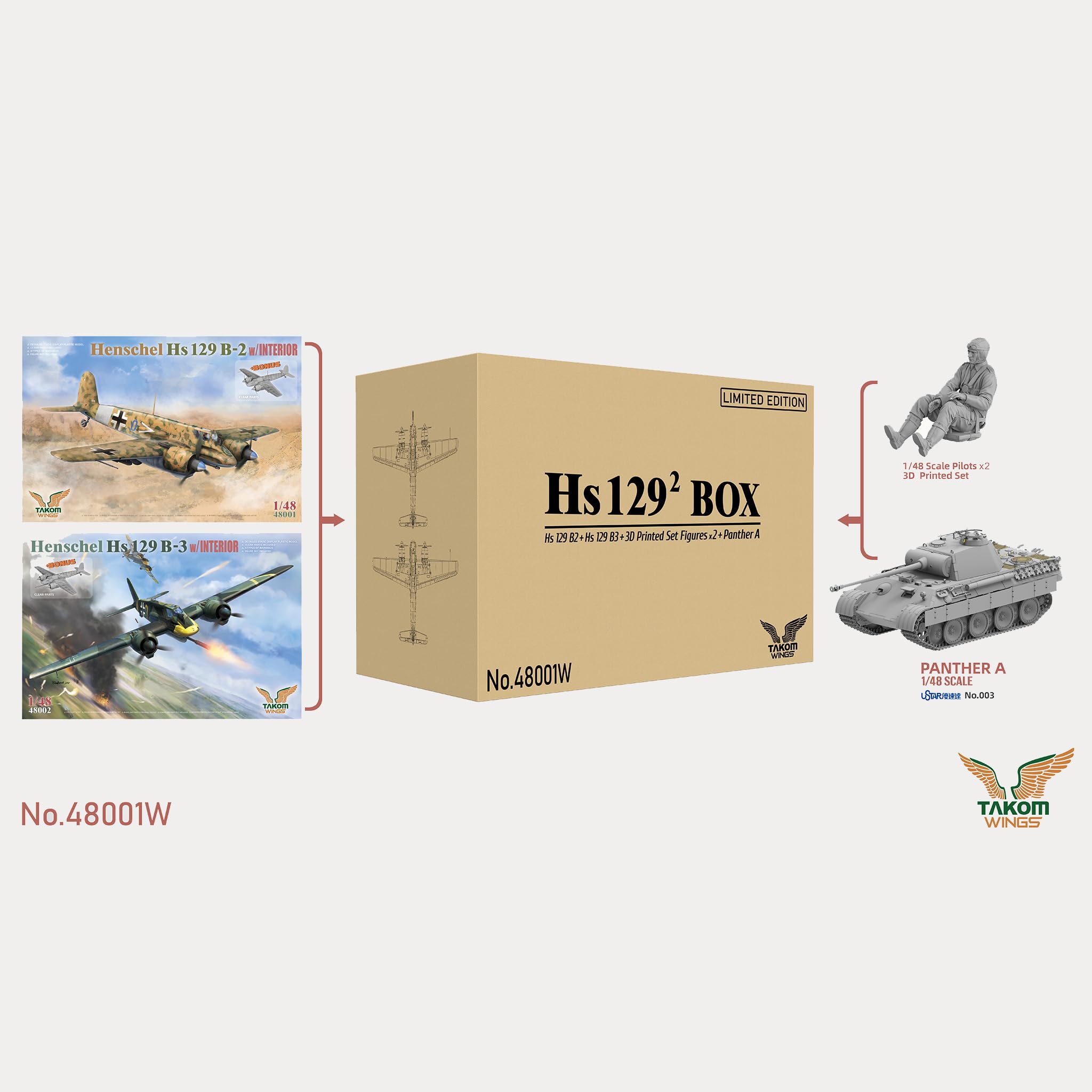 花田制造 Takom Wings No.48001W Henschel Hs129 Box Set, 1/48 Scale Model Kit with Interior, Limited Edition,Pilots2 3D Printed Set,Panther A Model Tank kit